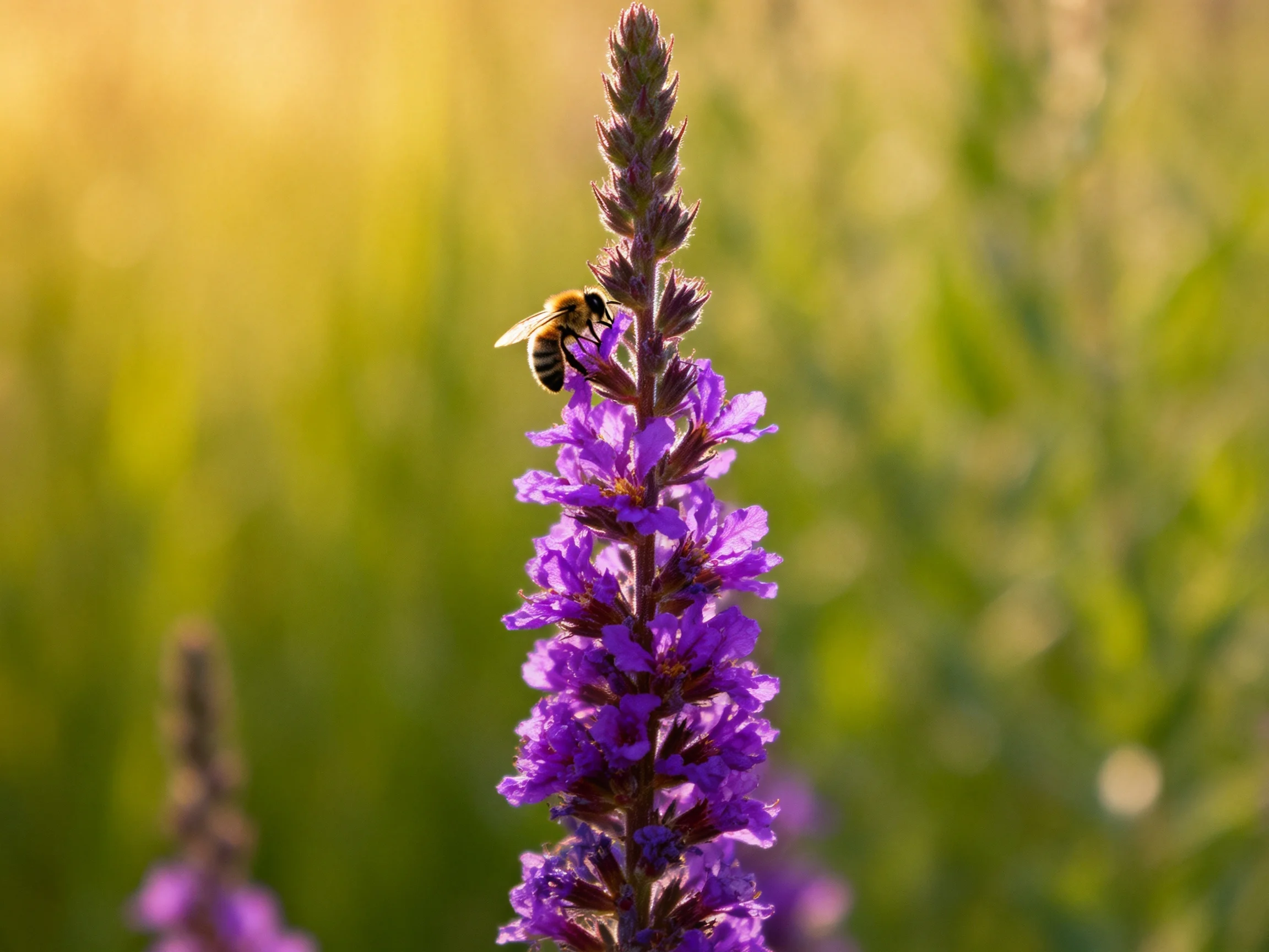A honeybee perches on vibrant purple wildflowers amid a green meadow