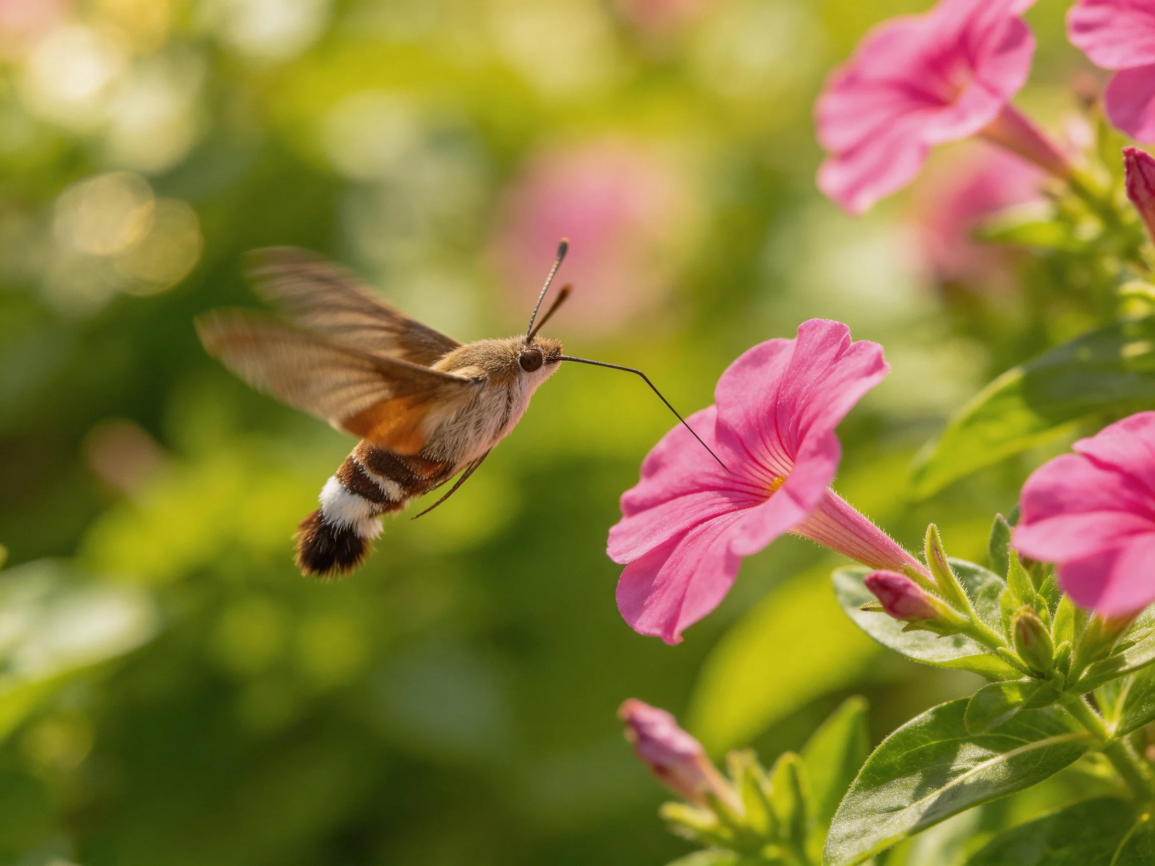 A hovering moth feeds from vibrant pink petunia blossoms