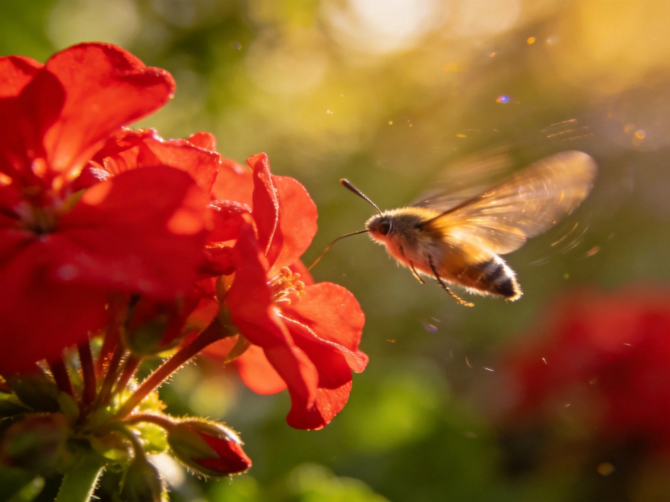 A hummingbird hawk-moth approaches vivid red geranium flowers