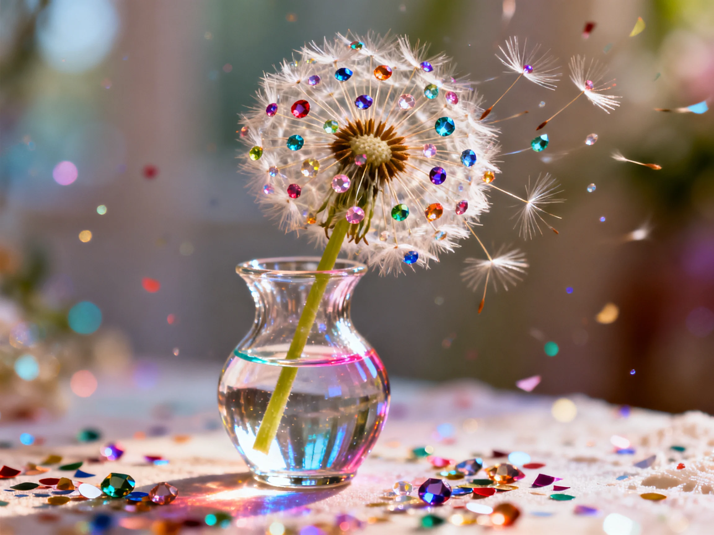A jeweled dandelion in a glass vase with scattered gemstones