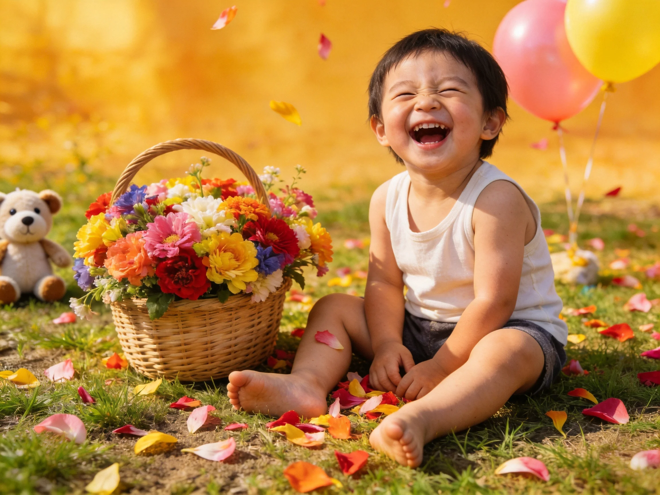 A joyful child with colorful flowers, pink/yellow balloons, and scattered petals