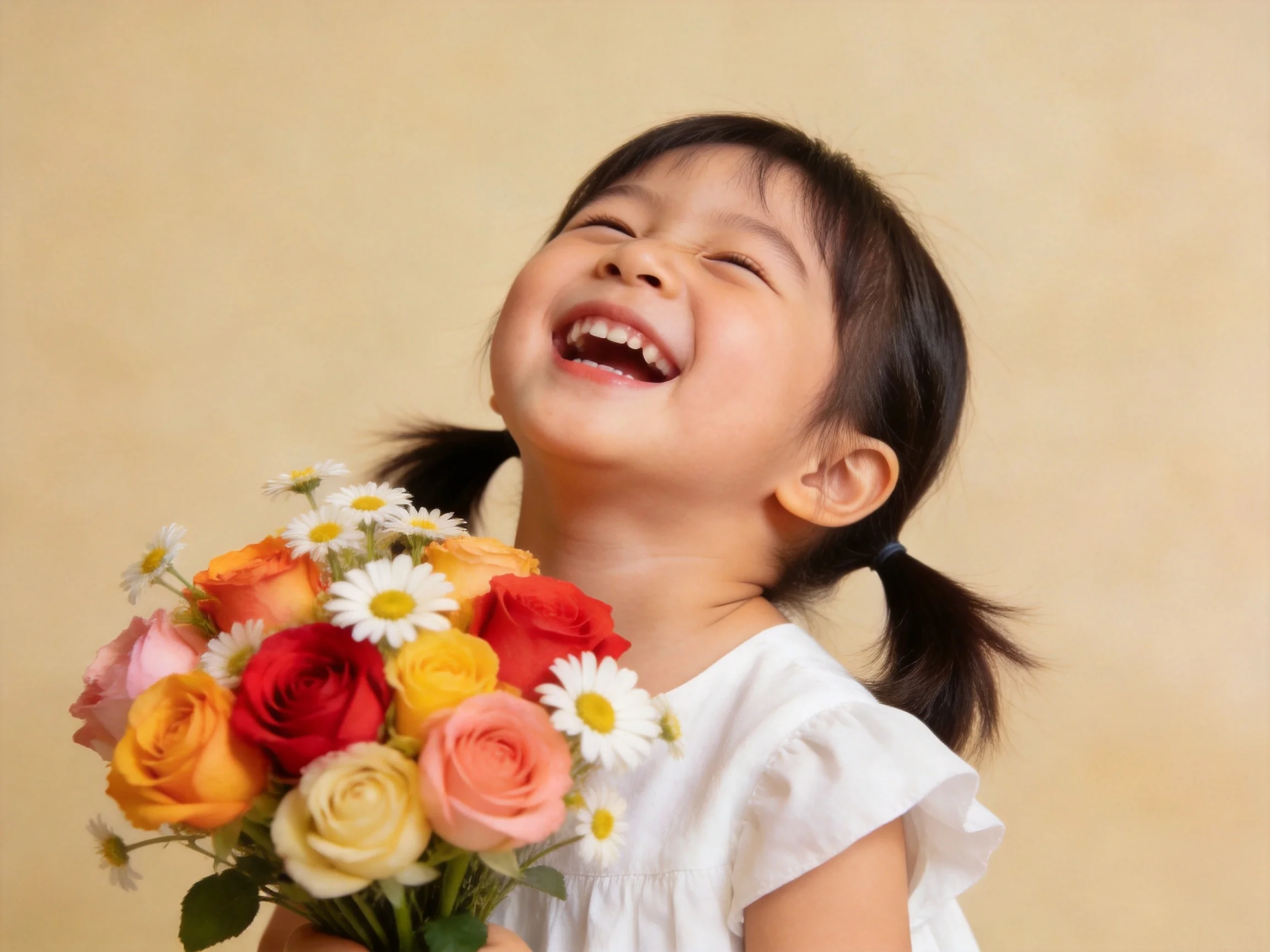 A joyful child with pigtails holds a vibrant bouquet of mixed flowers