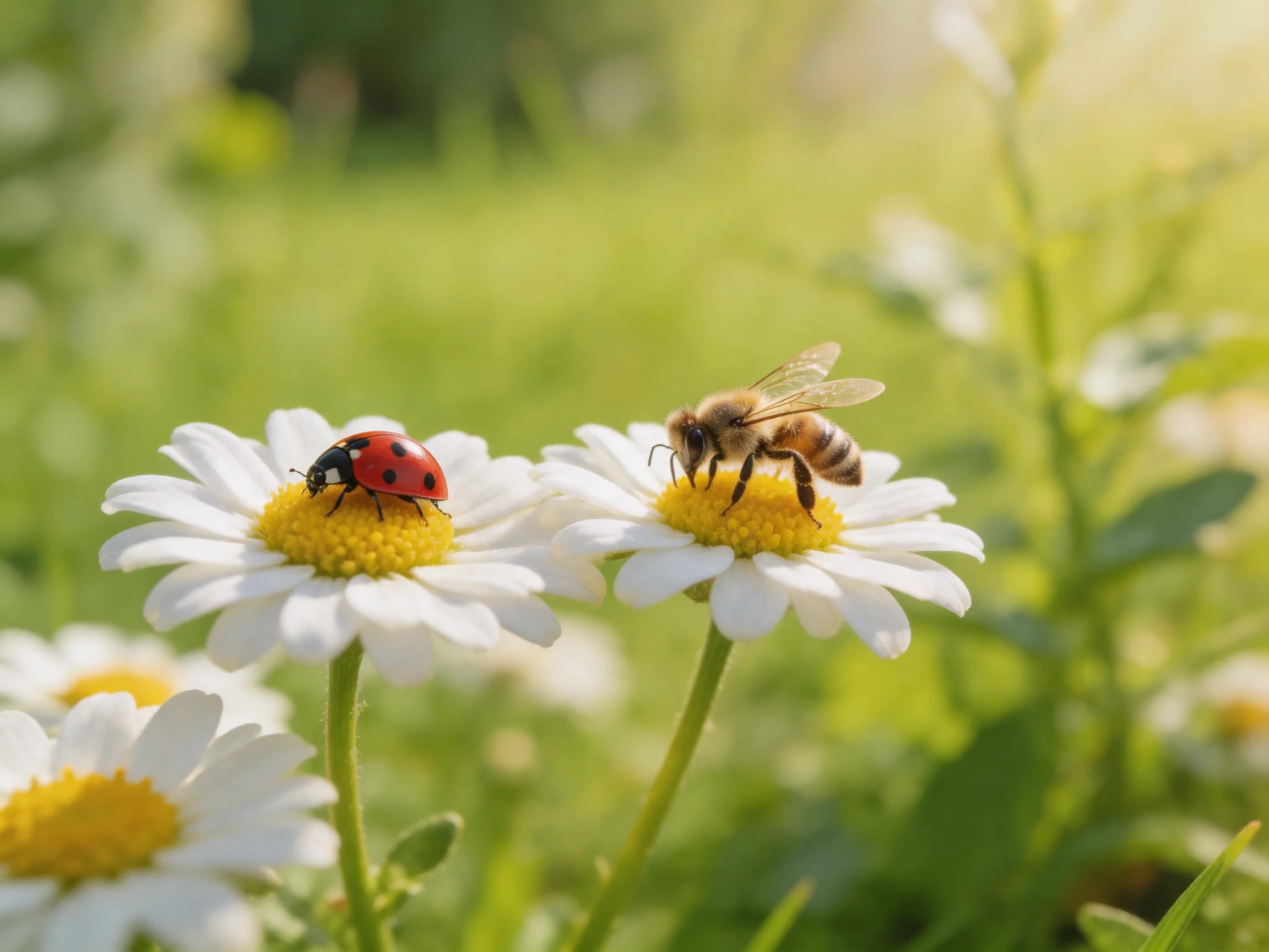 A ladybug and honeybee on white daisies in a sunlit meadow