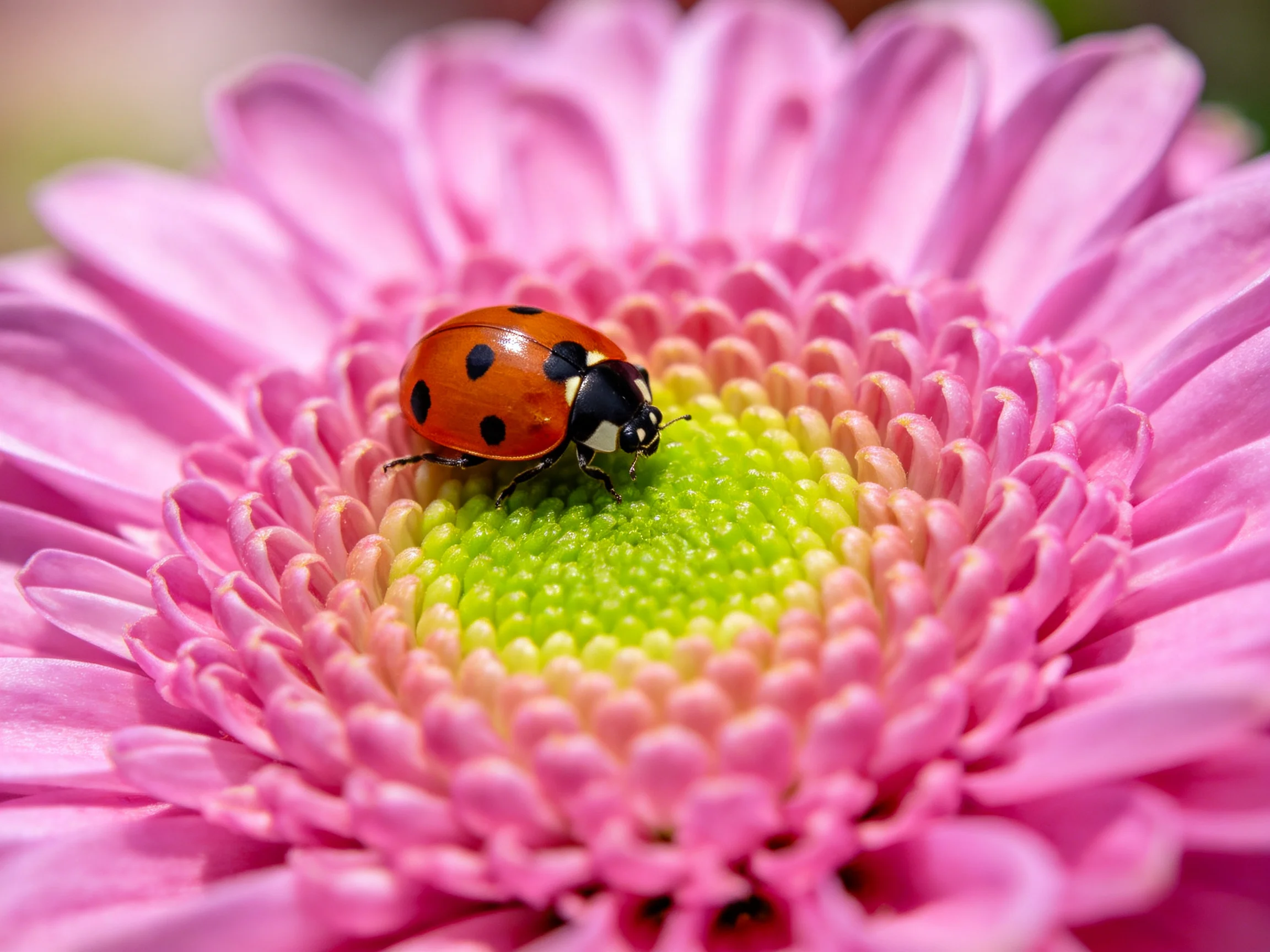 A ladybug rests on a vibrant pink flower with a green center