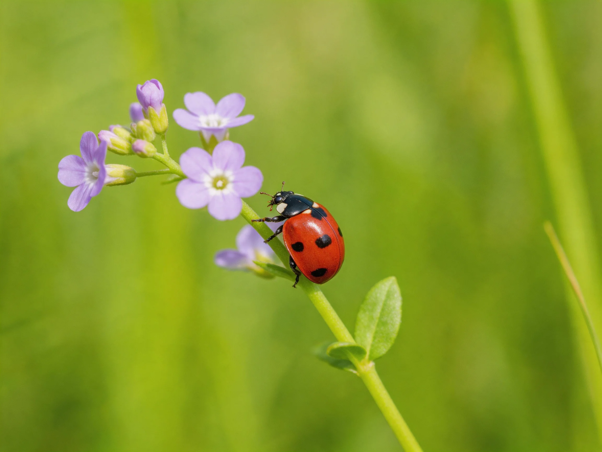 A ladybug rests on vibrant purple wildflowers amid green foliage