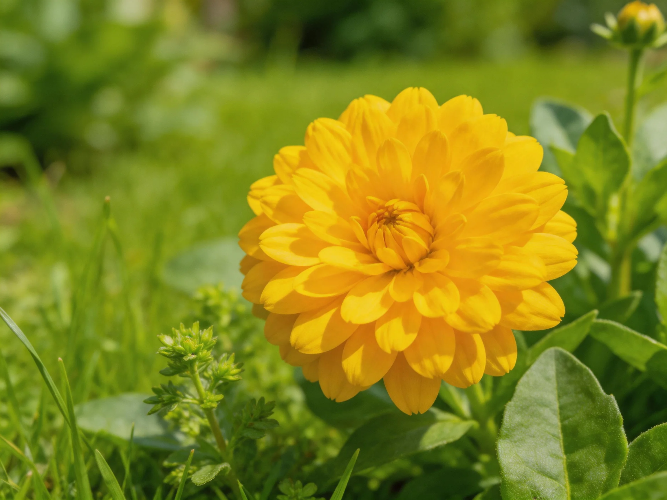 A large, bright yellow dahlia blooms among lush greenery