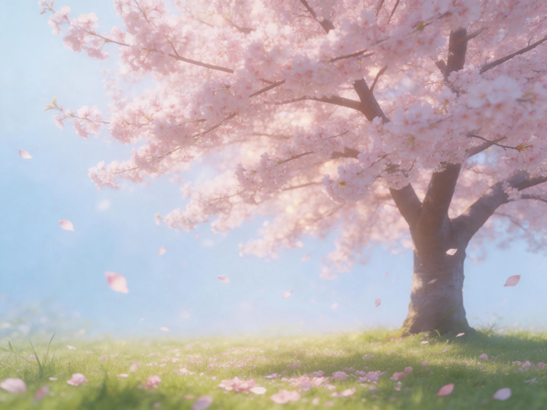 A large cherry blossom tree blooms with pink flowers on a grassy field
