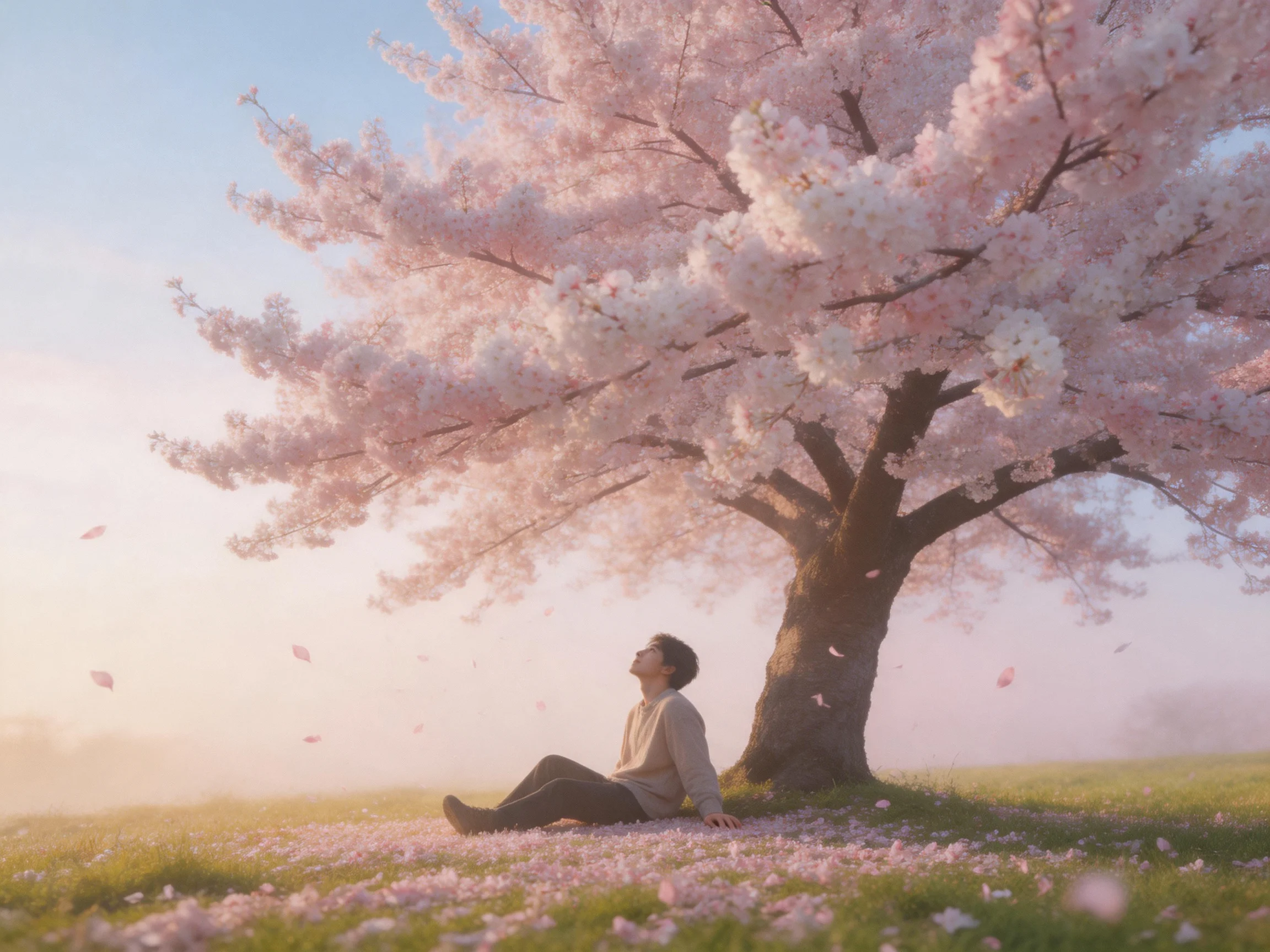 A large cherry blossom tree with pink blooms beside a seated individual