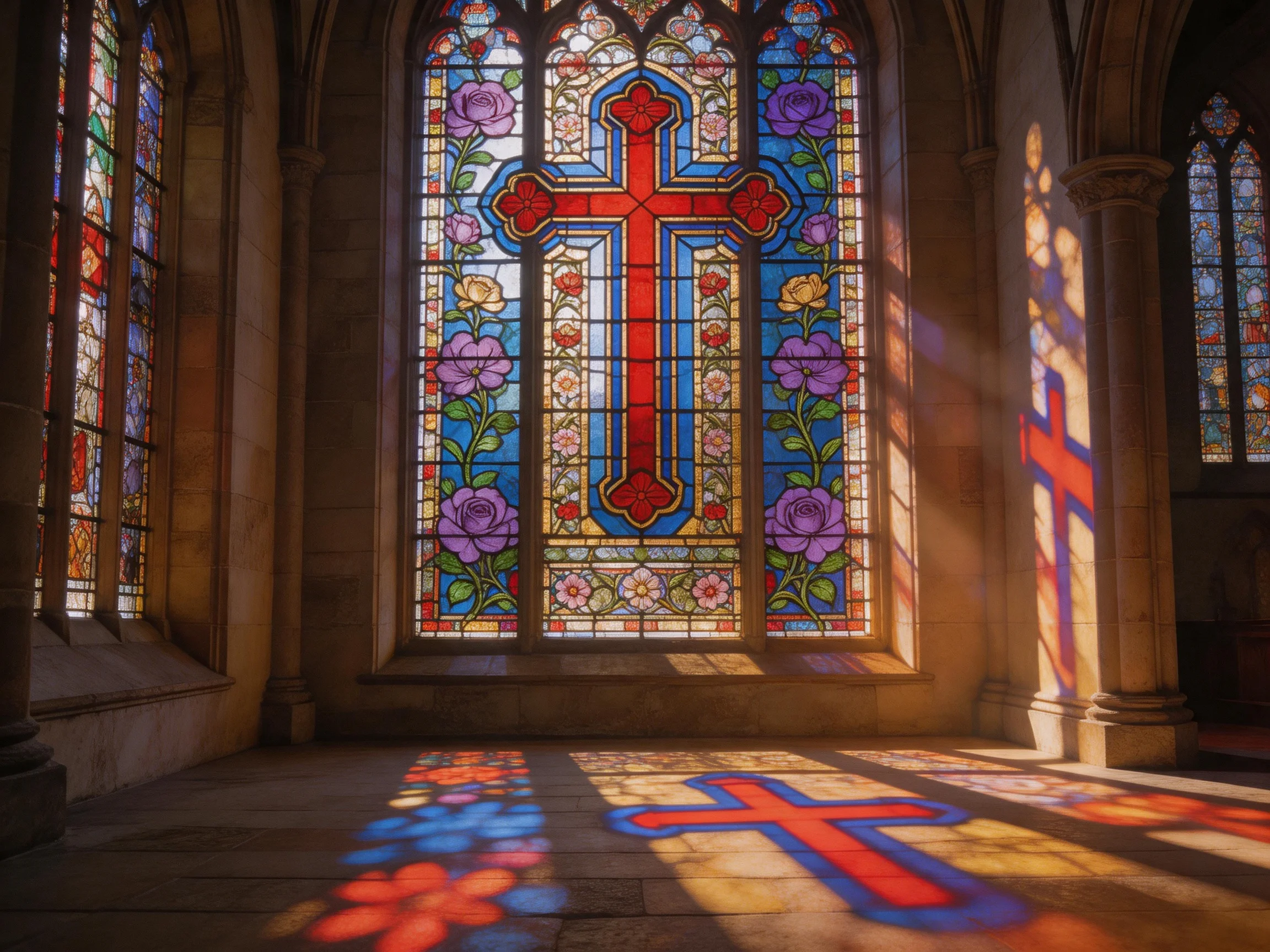 A large colorful stained glass window with floral designs and a central cross
