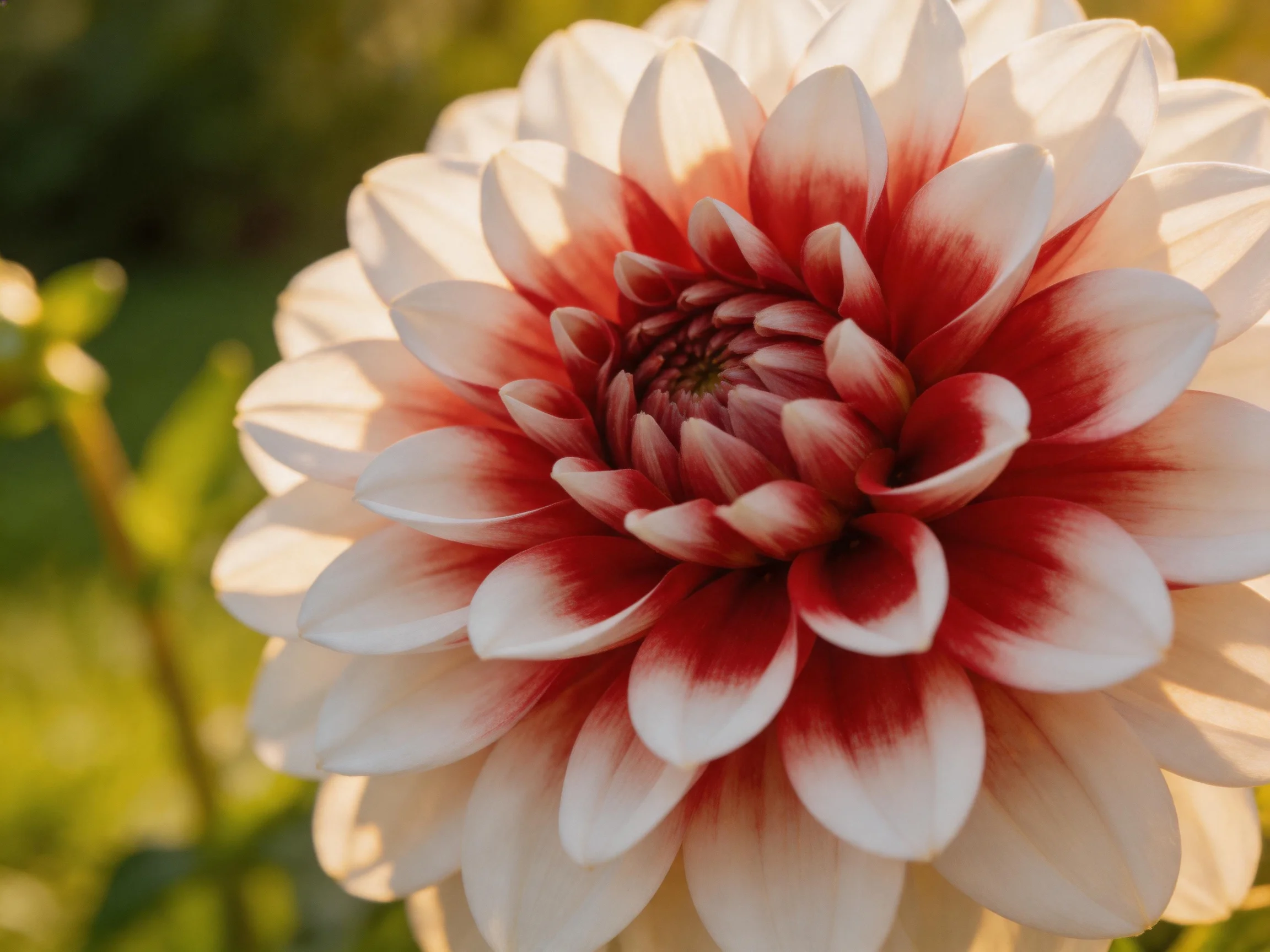 A large dahlia flower with white and crimson-red petals