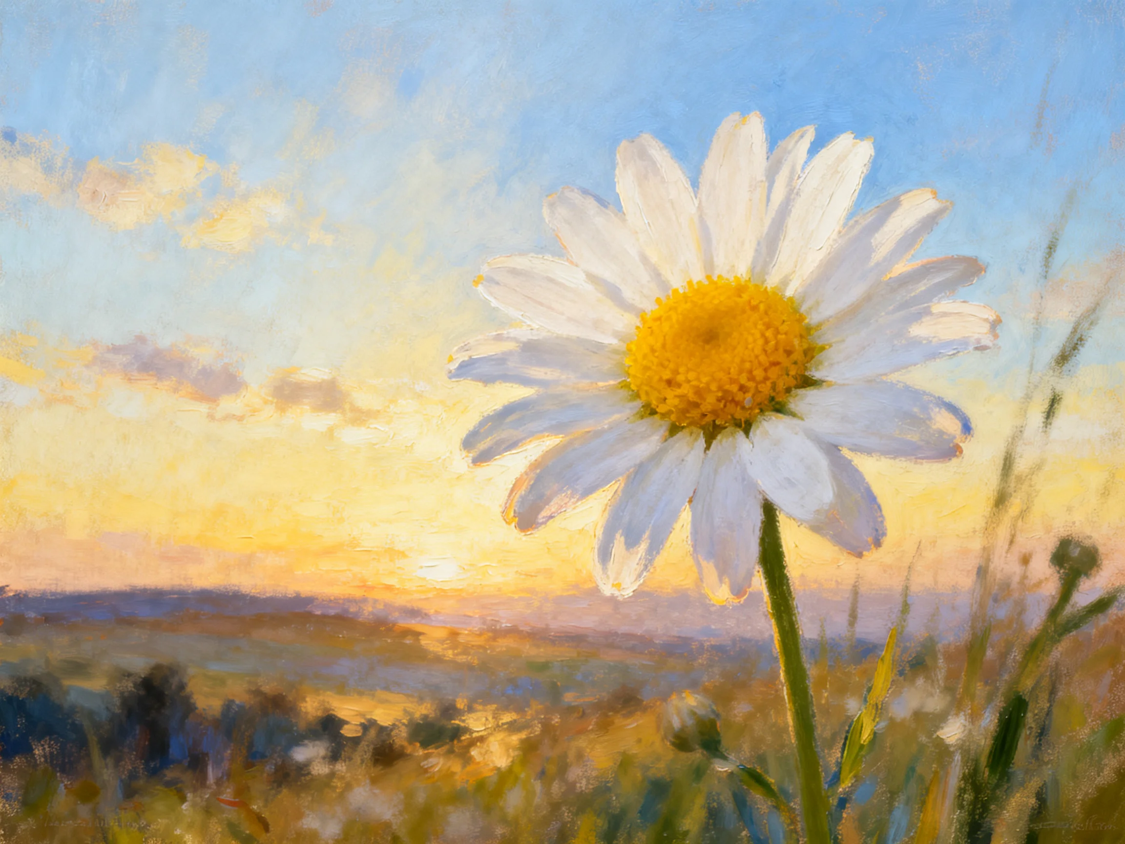 A large daisy blooms in a golden sunset landscape