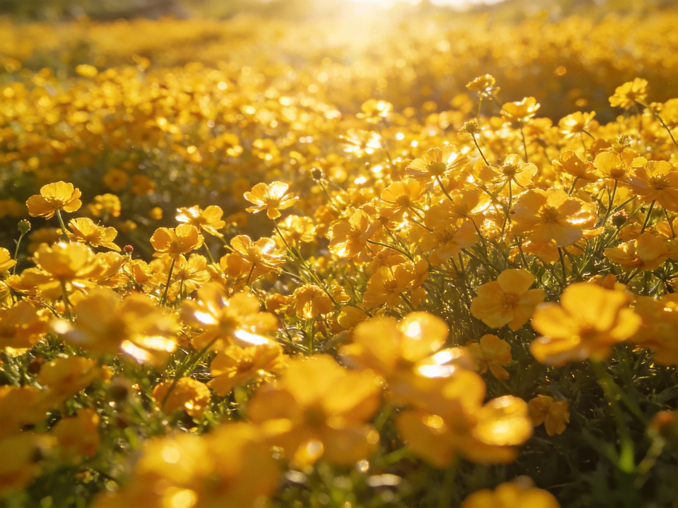 A large field of golden wildflowers bathed in warm sunlight