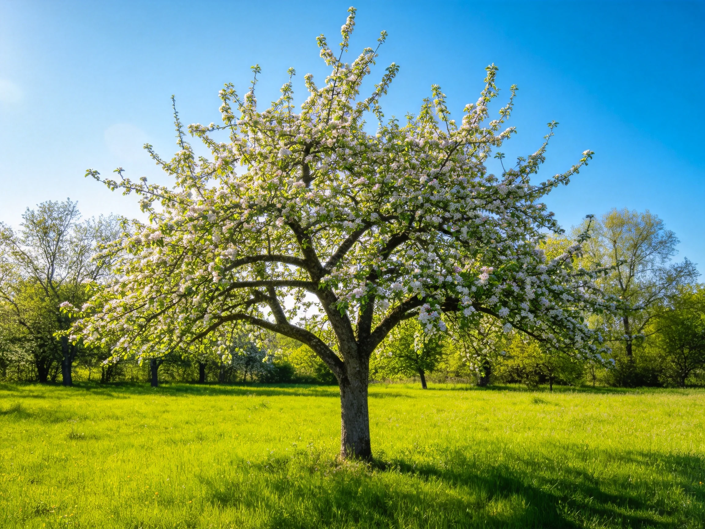 A large flowering tree blooms in a vibrant green meadow