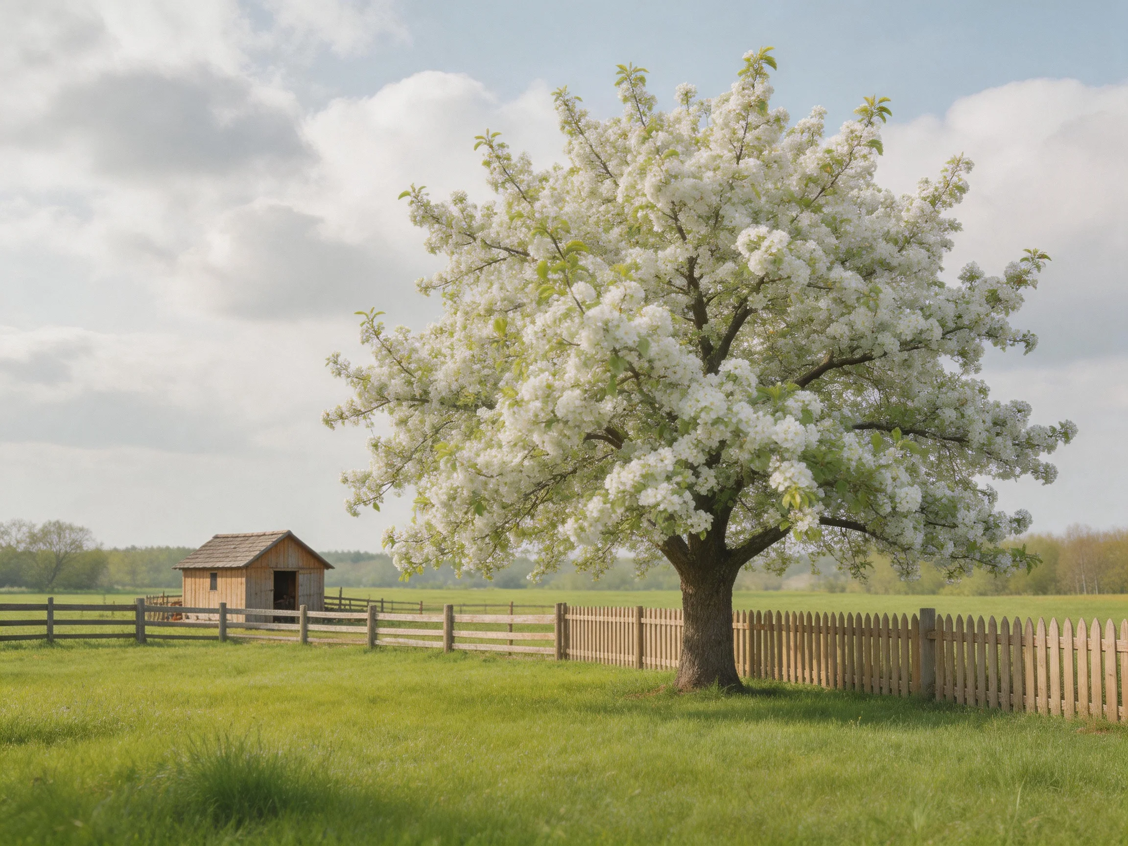 A large flowering tree with white blossoms sits near a wooden shed by a picket fence
