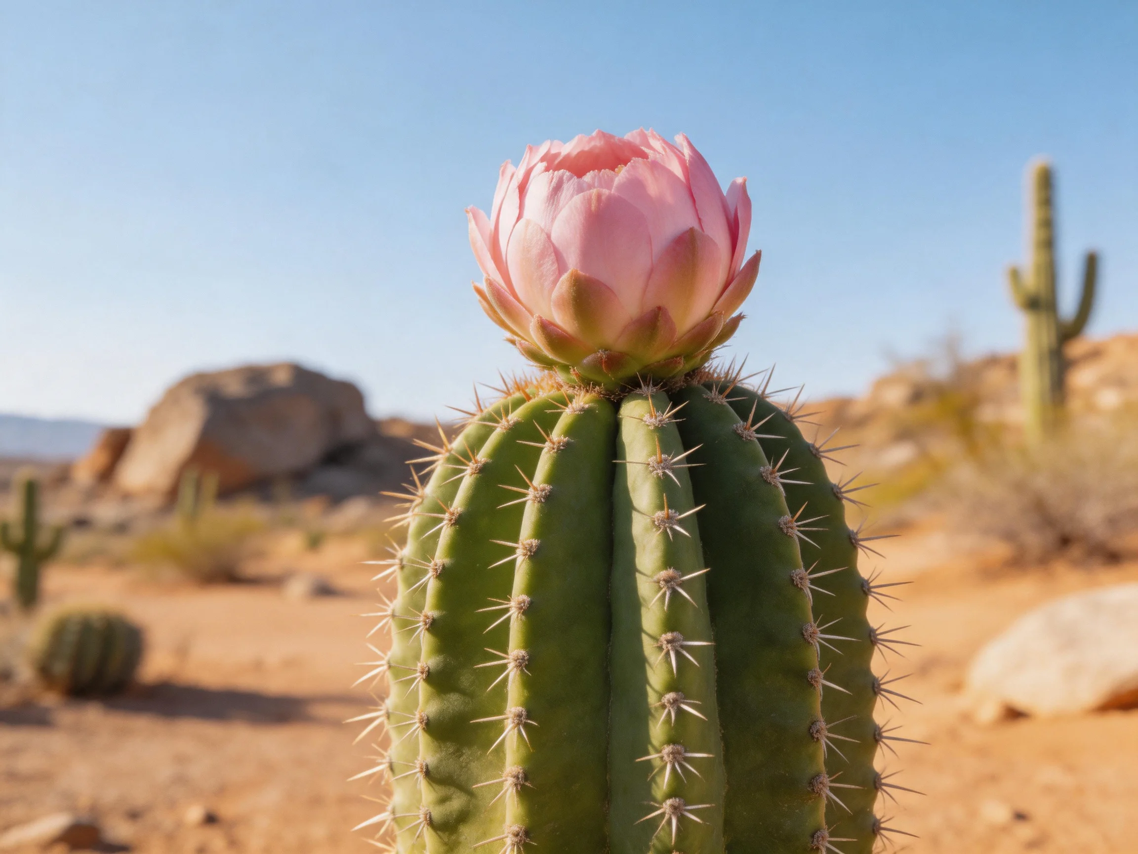 A large green cactus blooms with a pink flower in a sunny desert