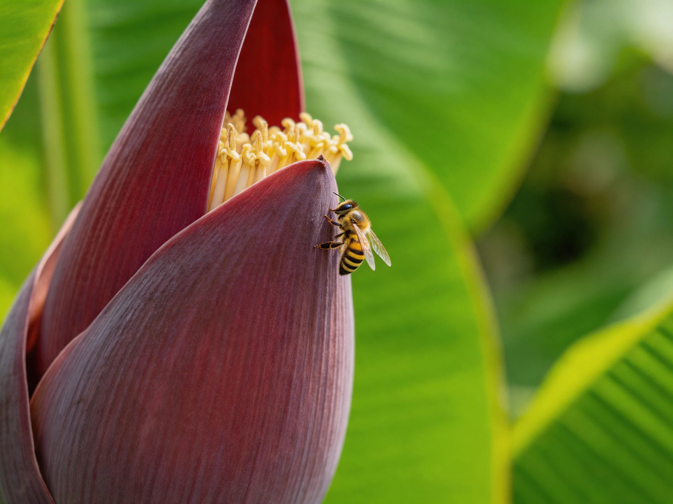 A large maroon flower bud with a striped bee near lush green leaves