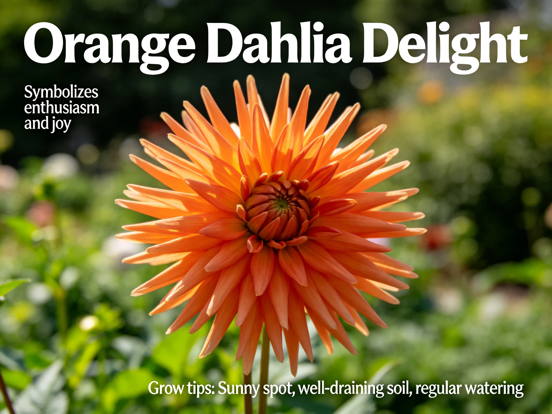 A large orange dahlia flower blooms vibrantly in a garden