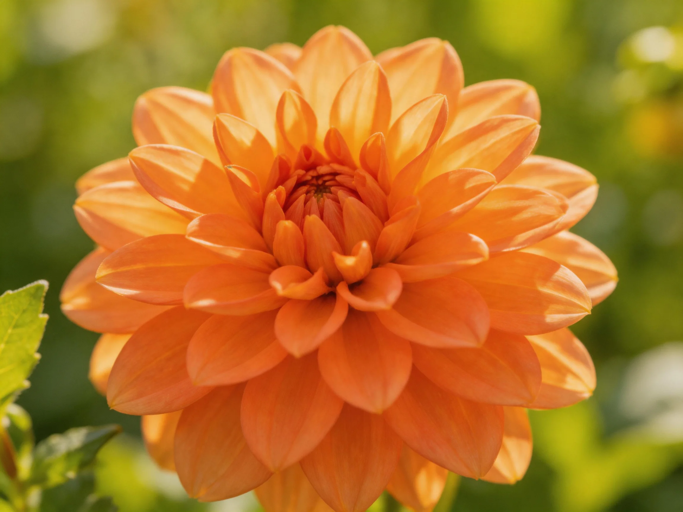 A large orange dahlia with layered petals in a sunlit garden