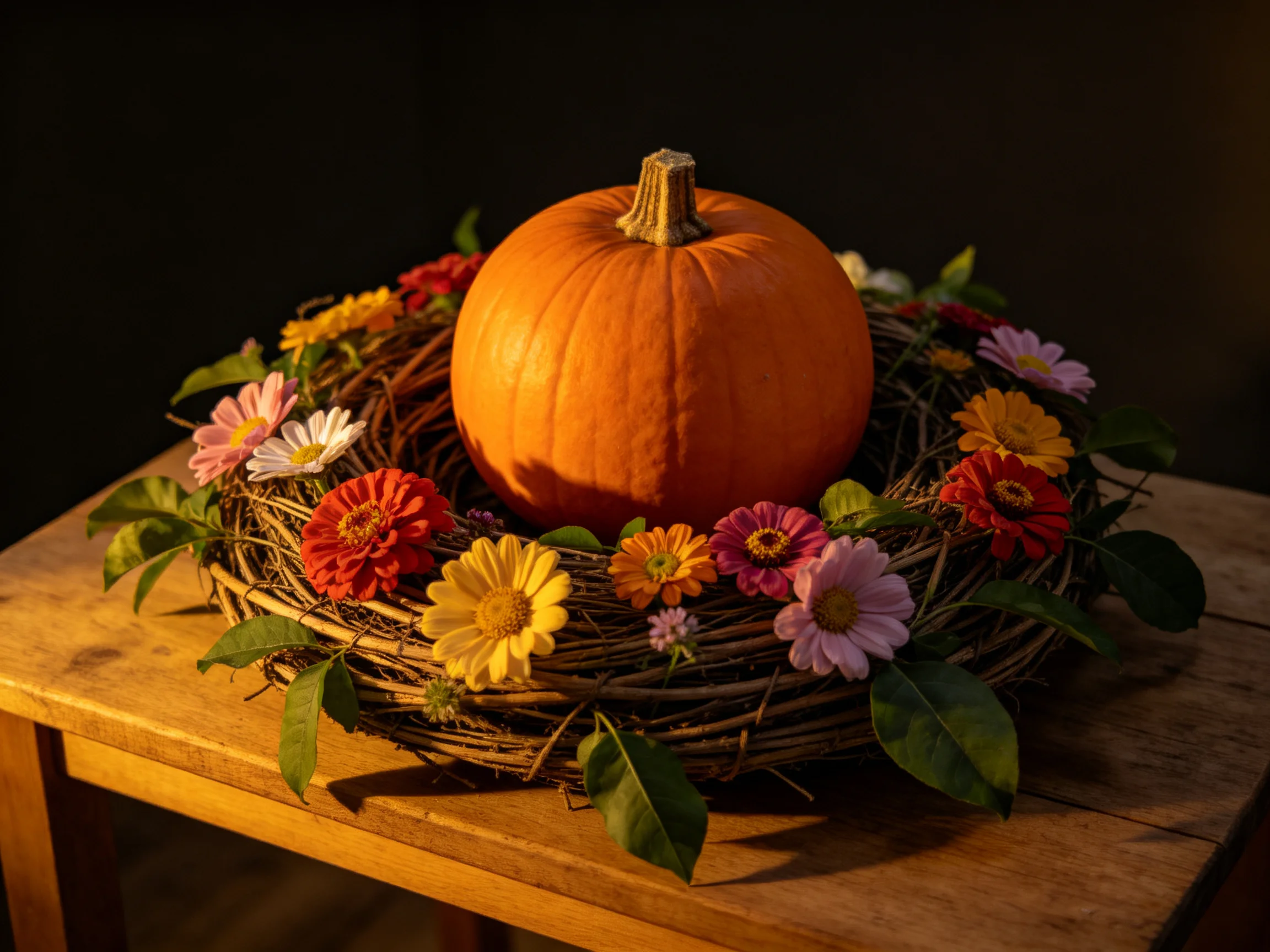 A large orange pumpkin centered in a colorful flower wreath