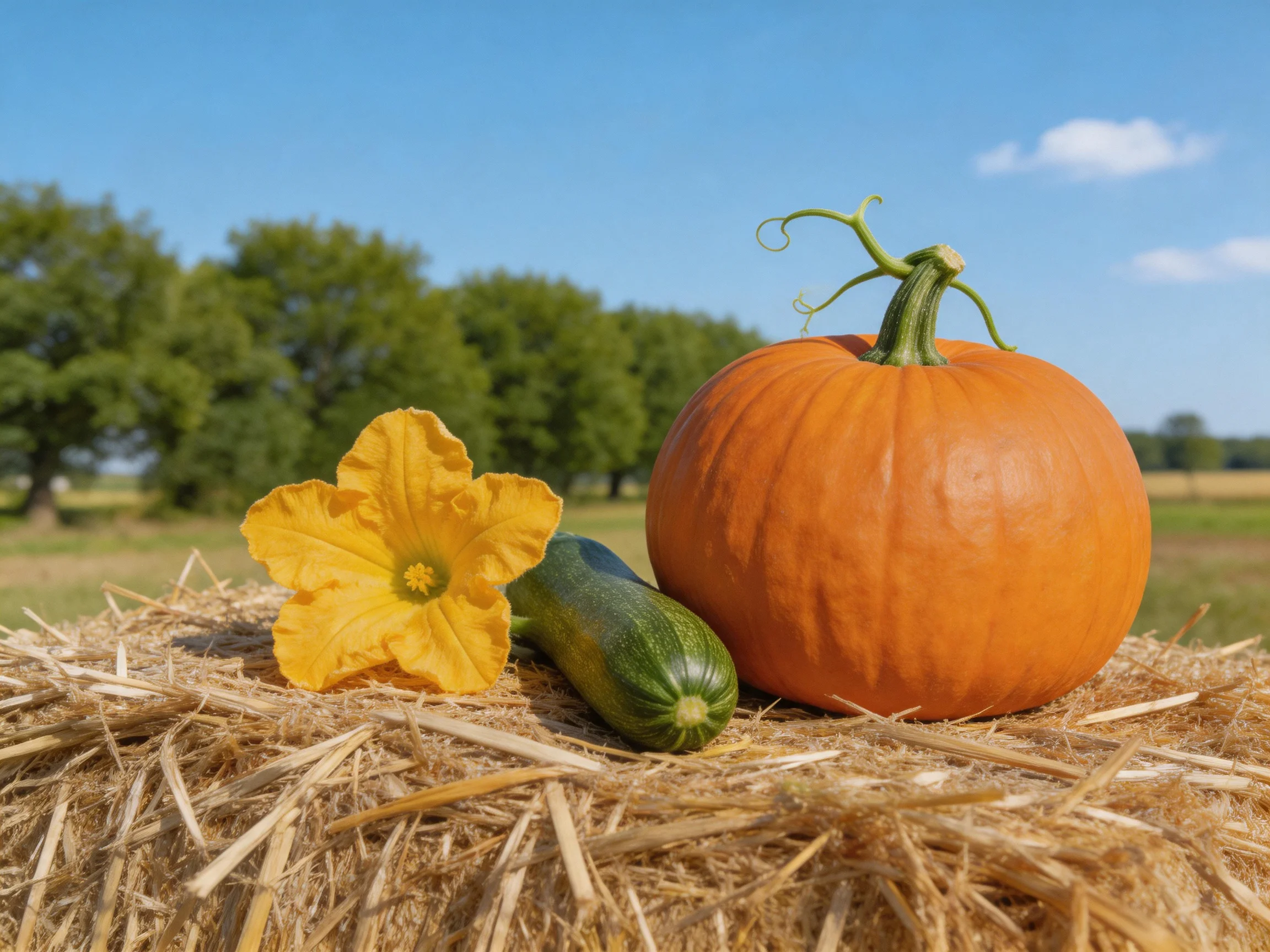 A large orange pumpkin, yellow flower, and green zucchini rest on golden straw