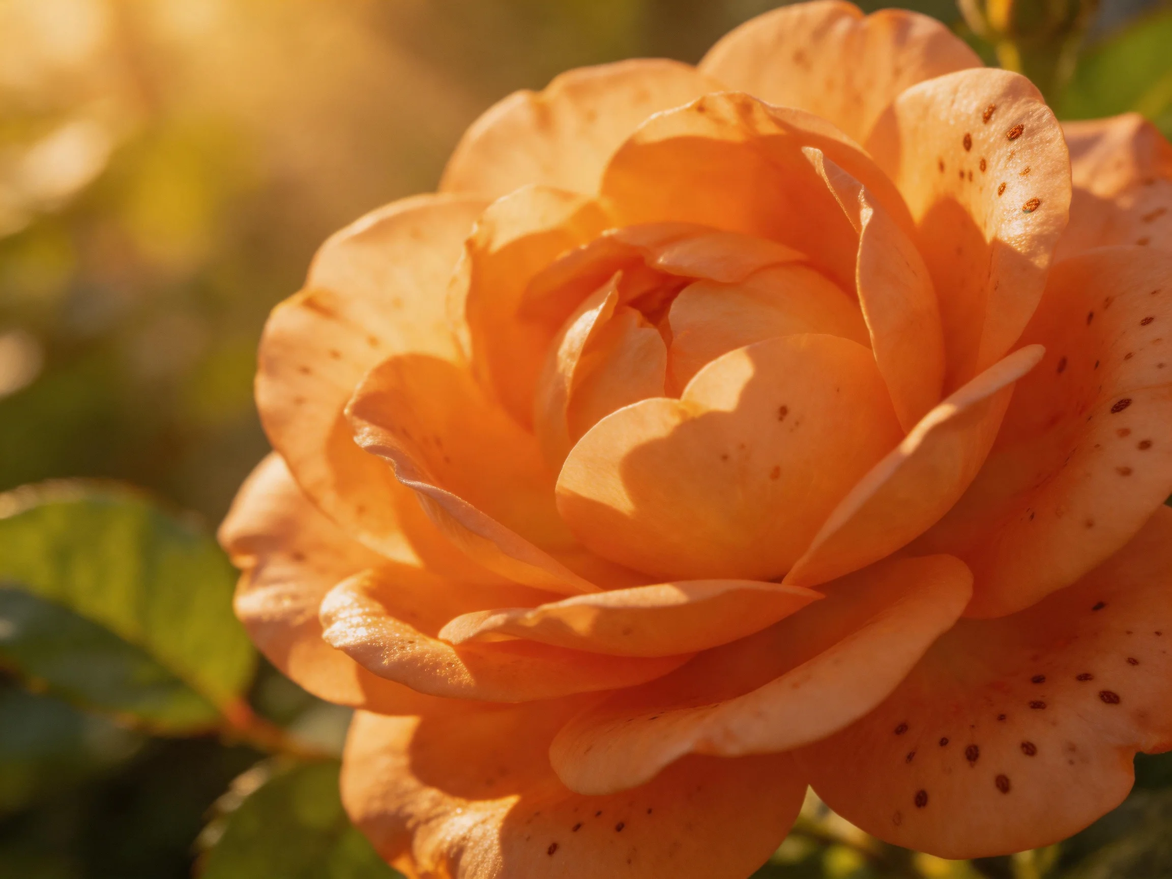 A large orange rose with spotted petals under golden sunlight