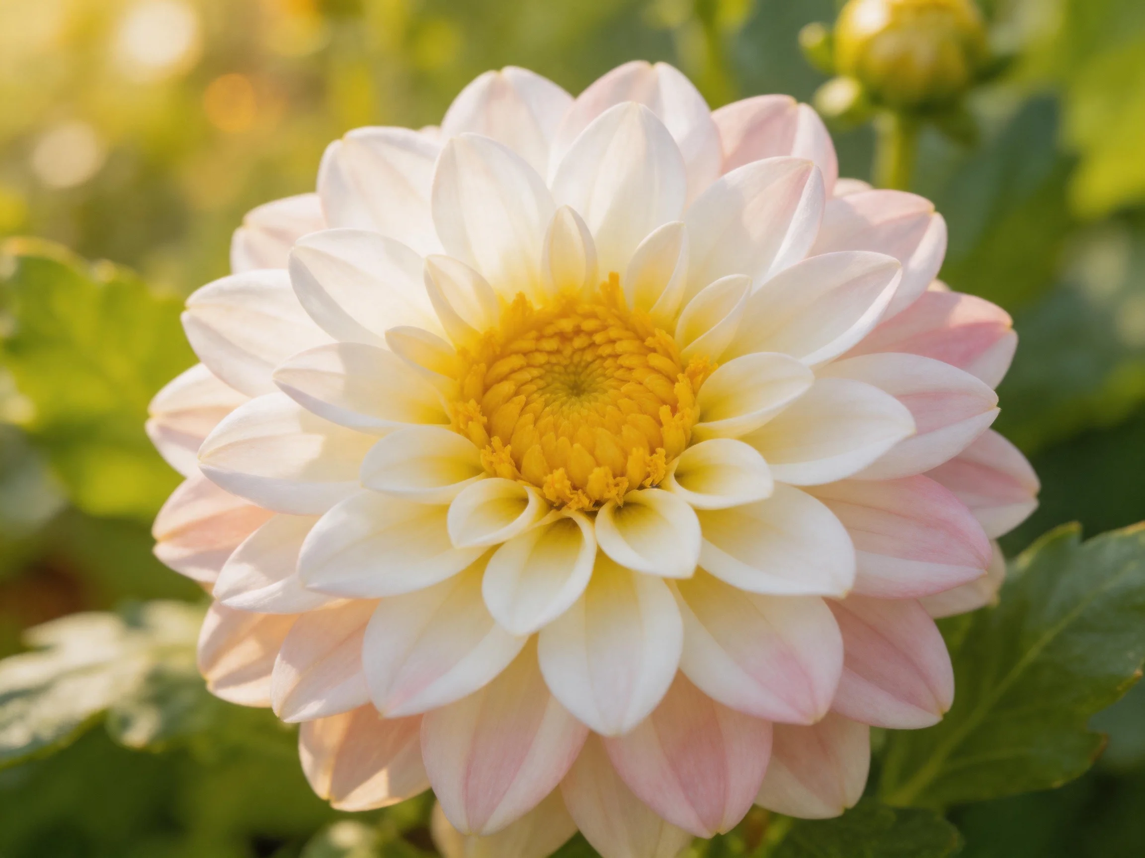 A large pink and white dahlia blooms with a bright yellow center