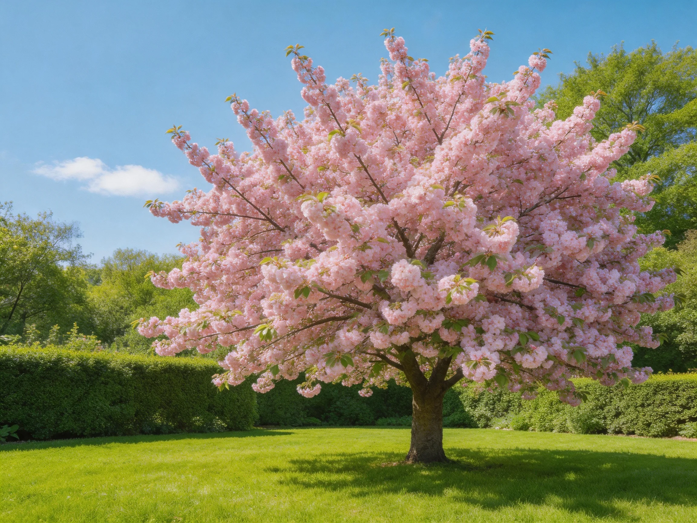 A large pink cherry blossom tree blooms in a sunny garden