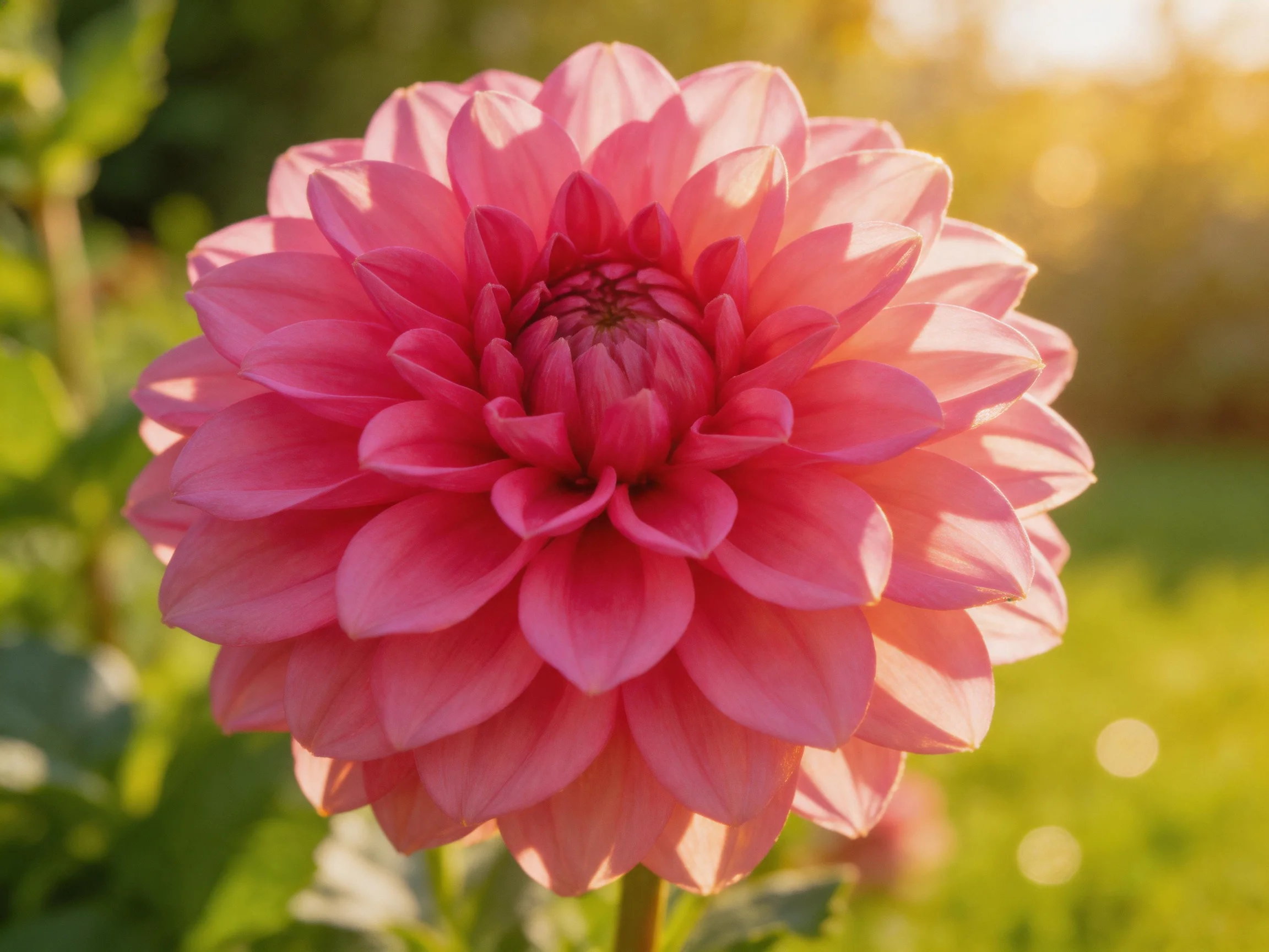 A large pink dahlia blooms in a sunlit garden
