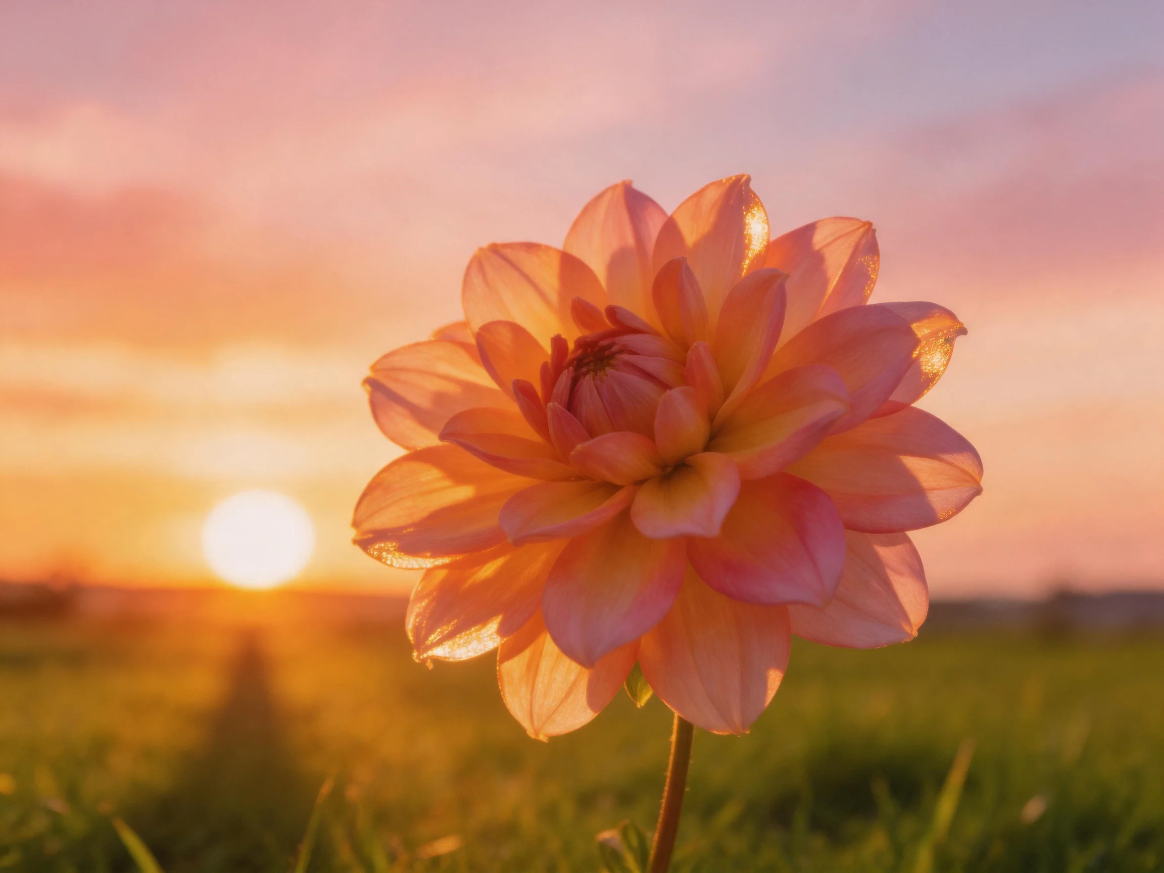 A large pink dahlia blooms near a golden sunset over green fields