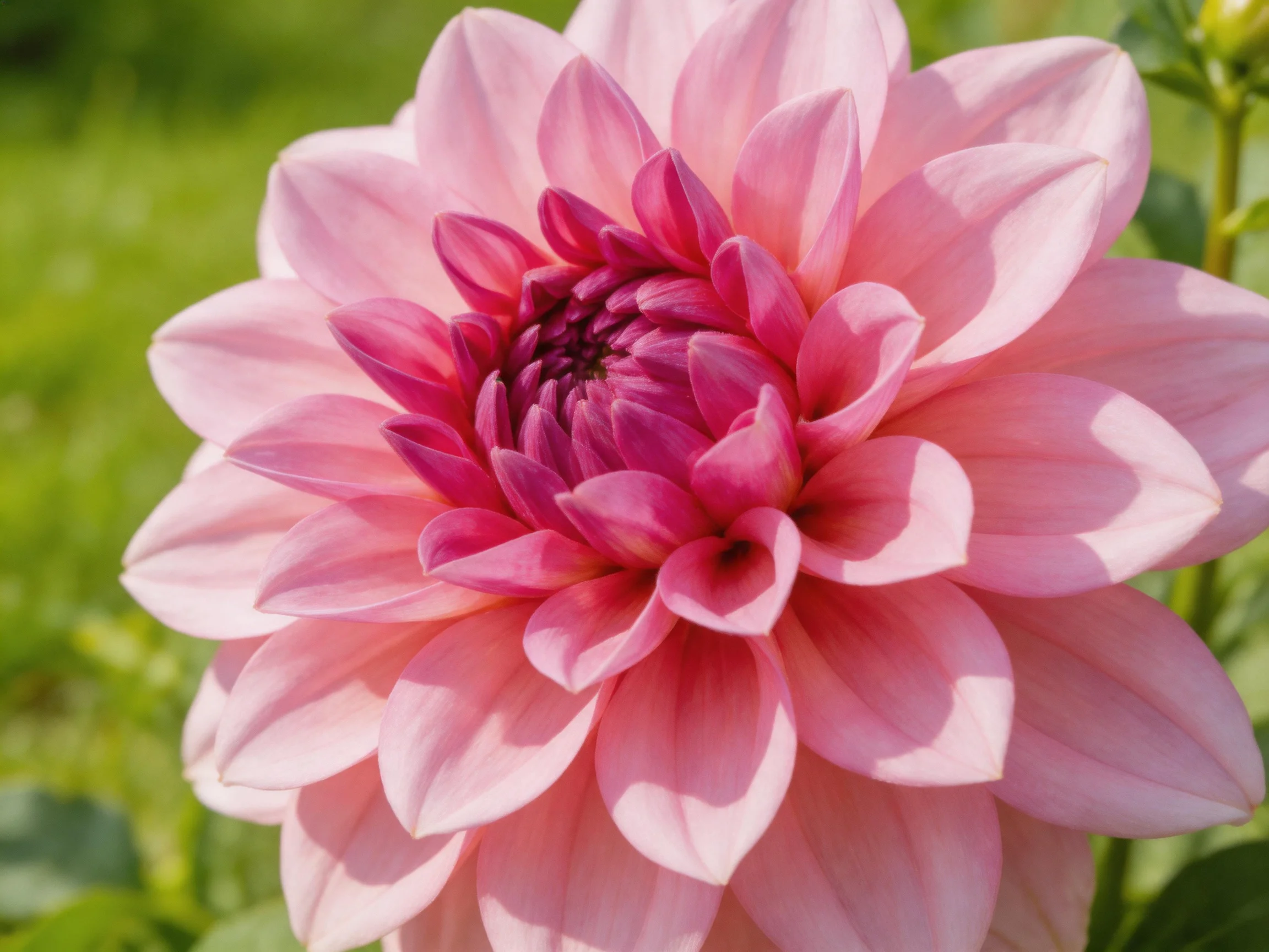 A large pink dahlia with layered petals in a sunlit setting