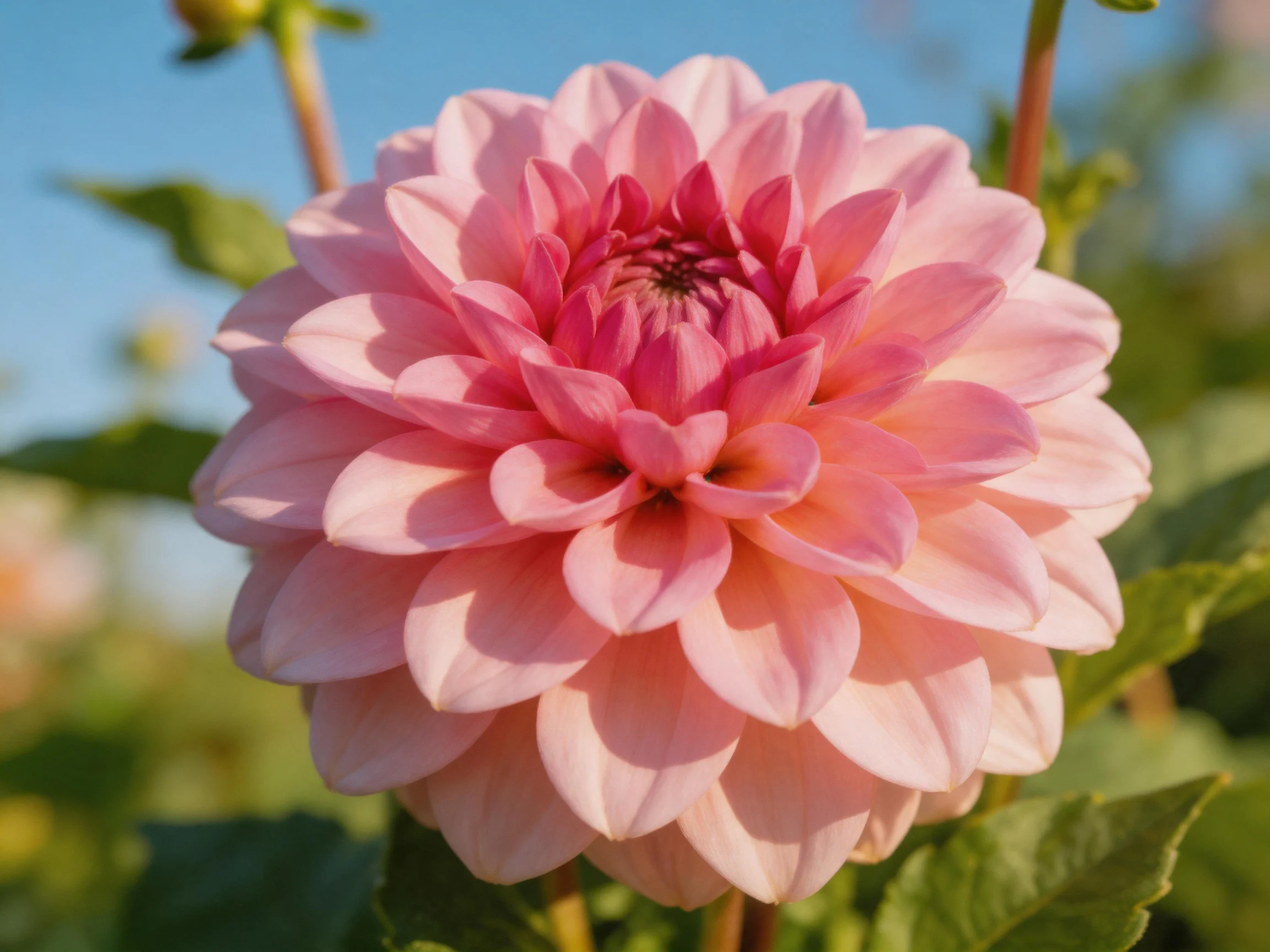 A large pink dahlia with layered petals in natural light