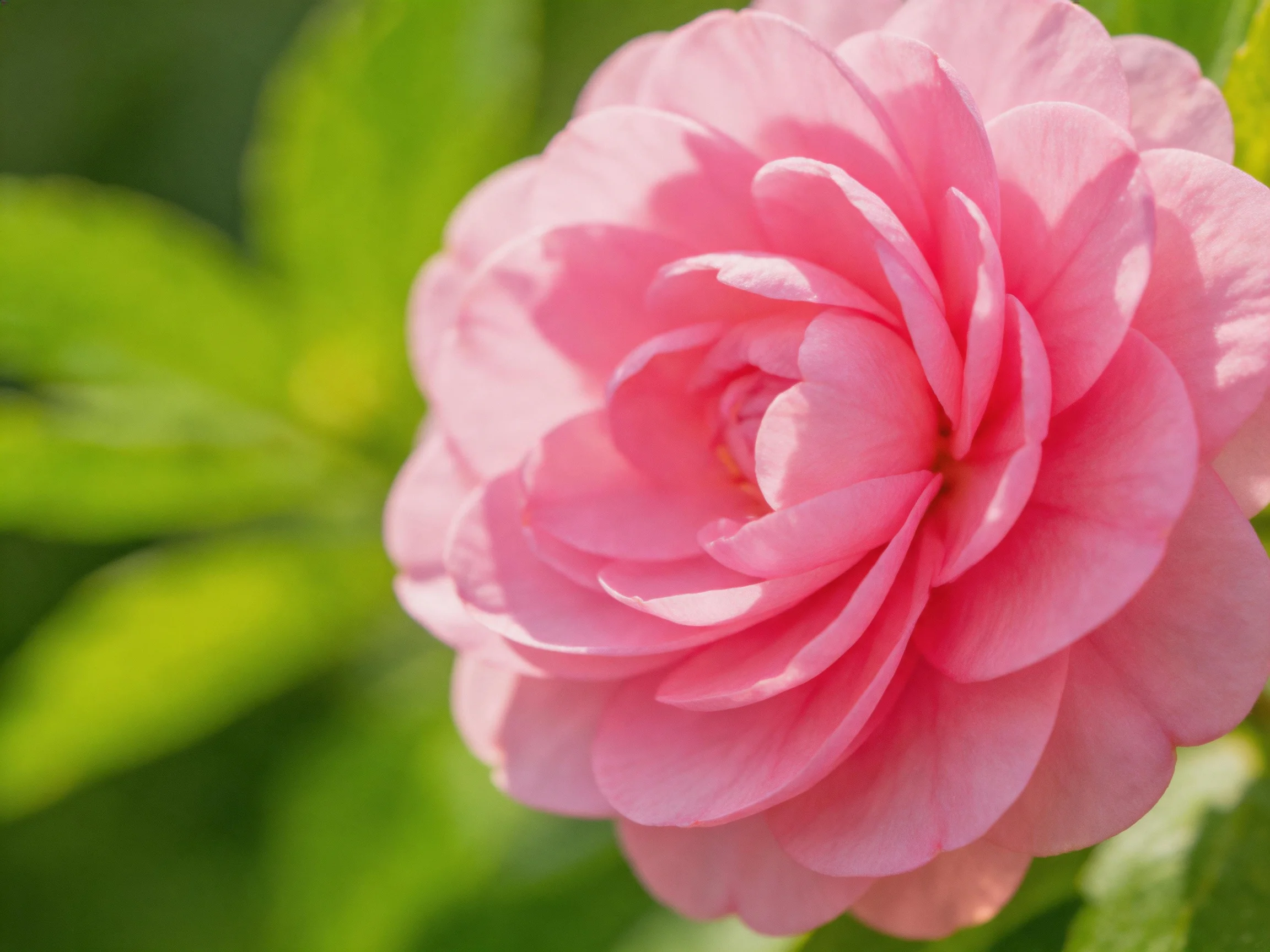 A large pink flower with layered petals beside green foliage