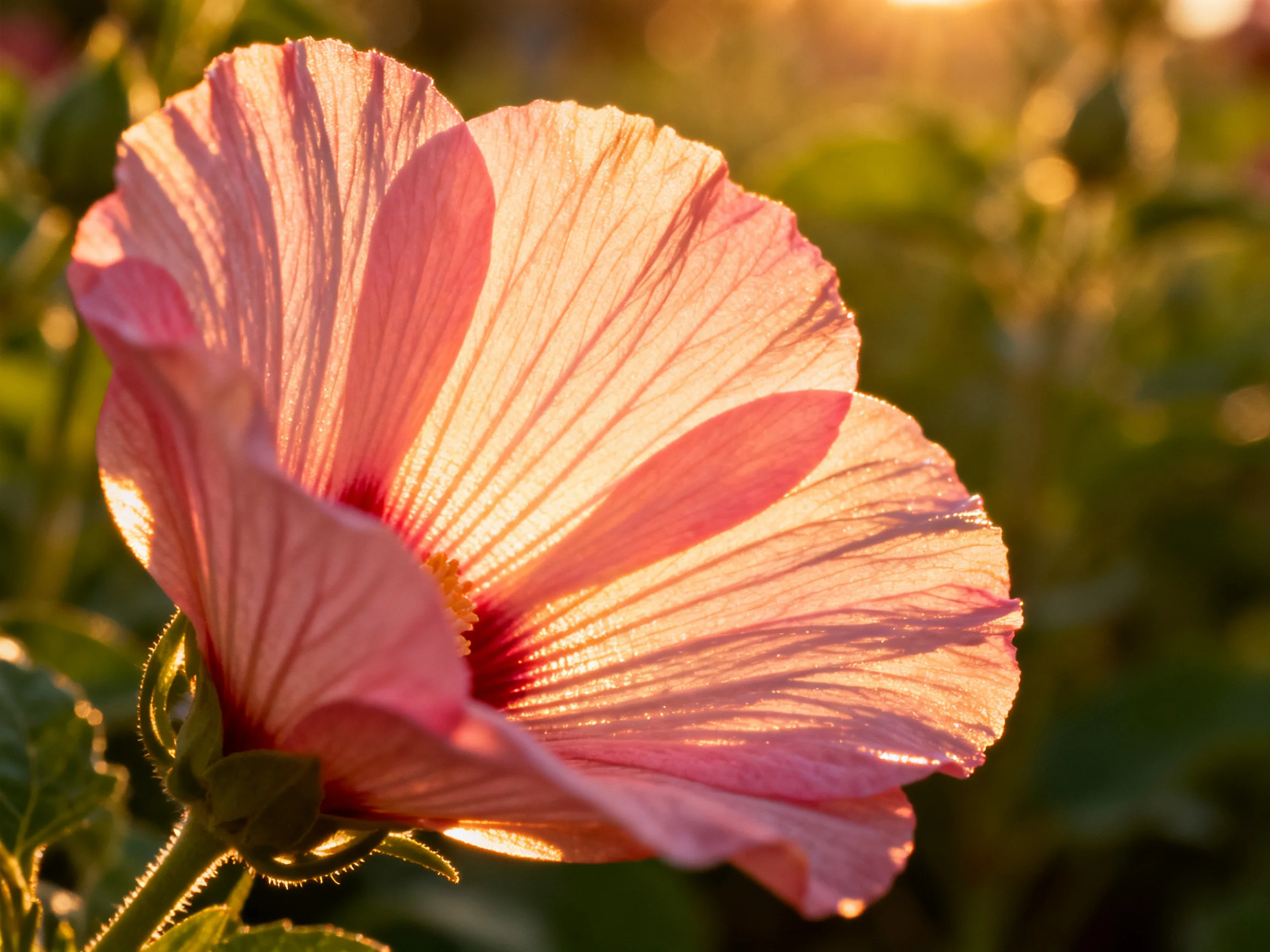 A large pink hibiscus flower bathed in golden sunlight
