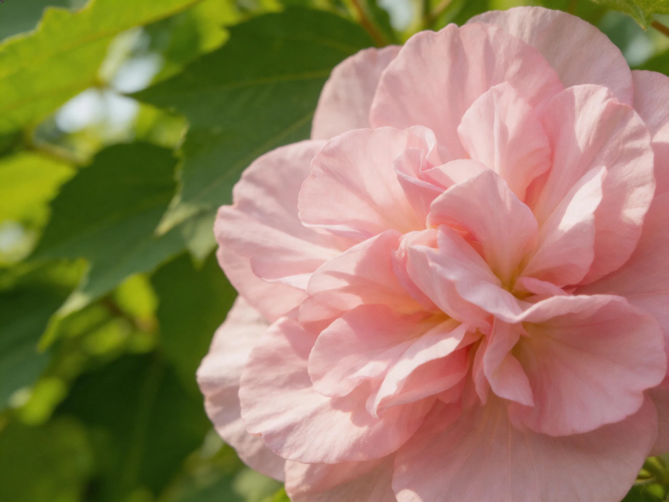 A large pink hibiscus flower blooms among lush green foliage