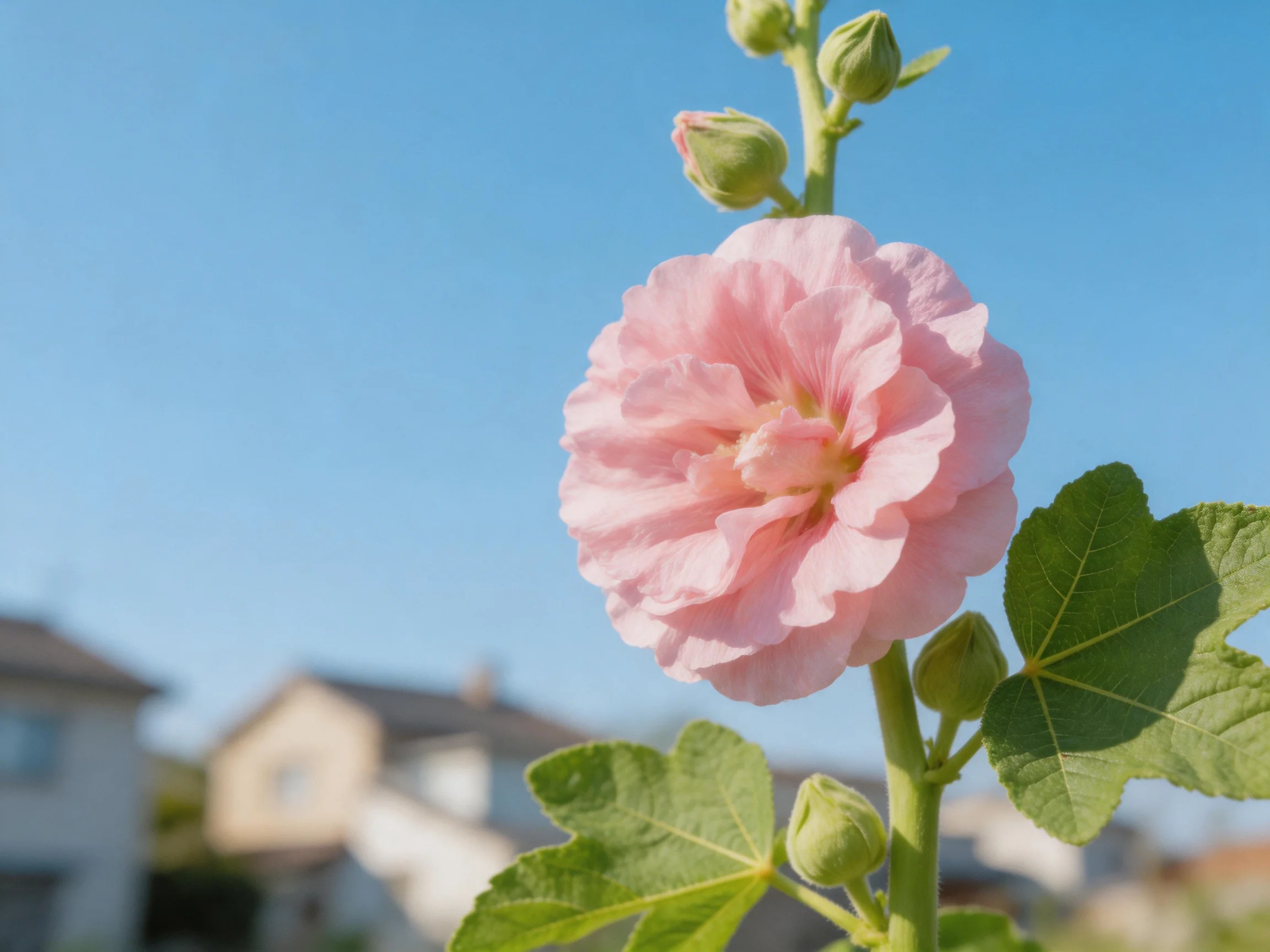 A large pink hollyhock blooms near green buds and houses
