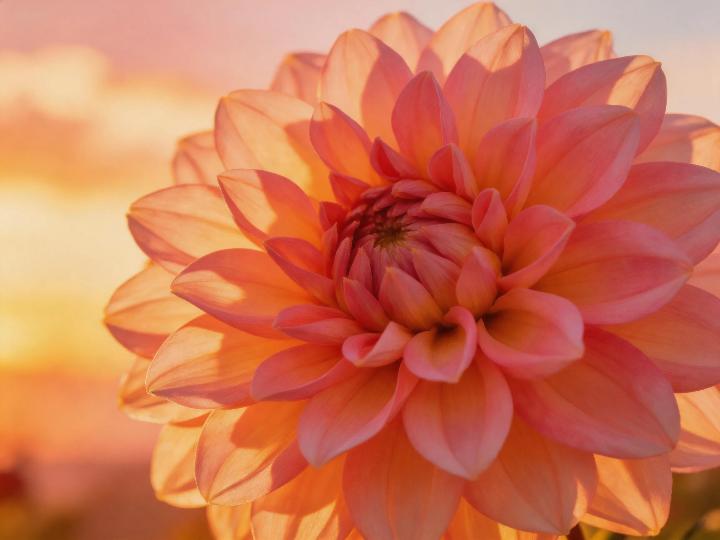 A large pink-orange dahlia glowing in golden sunset light