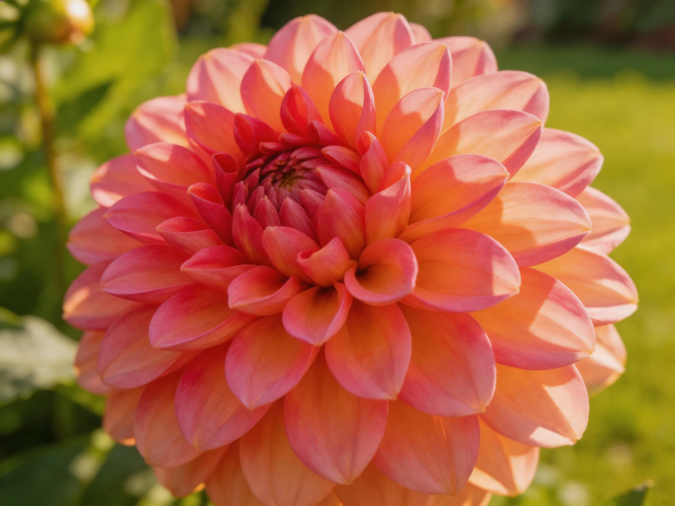 A large pink-orange dahlia with layered petals blooms in sunlight