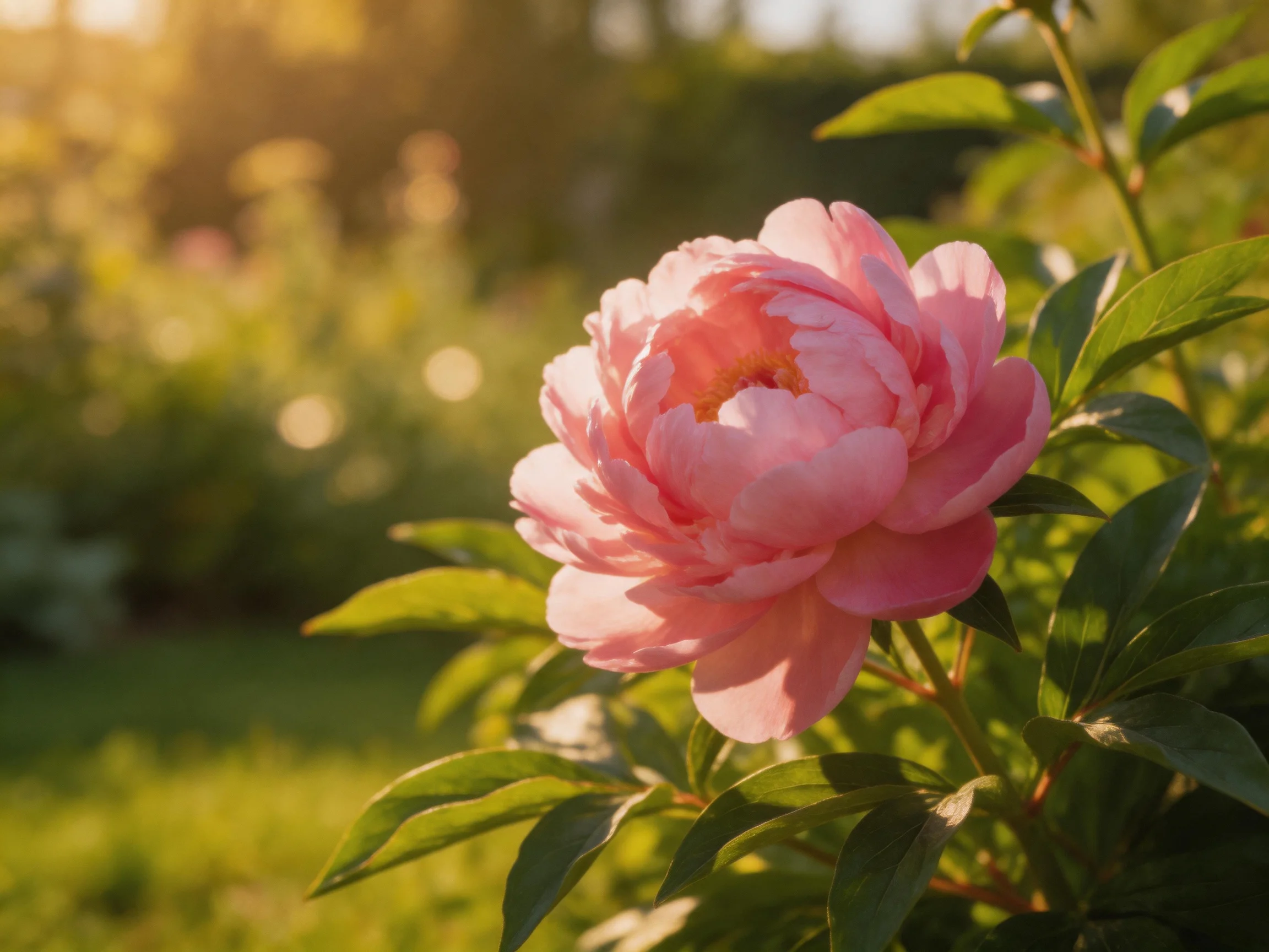 A large pink peony blooms in a sun-drenched garden