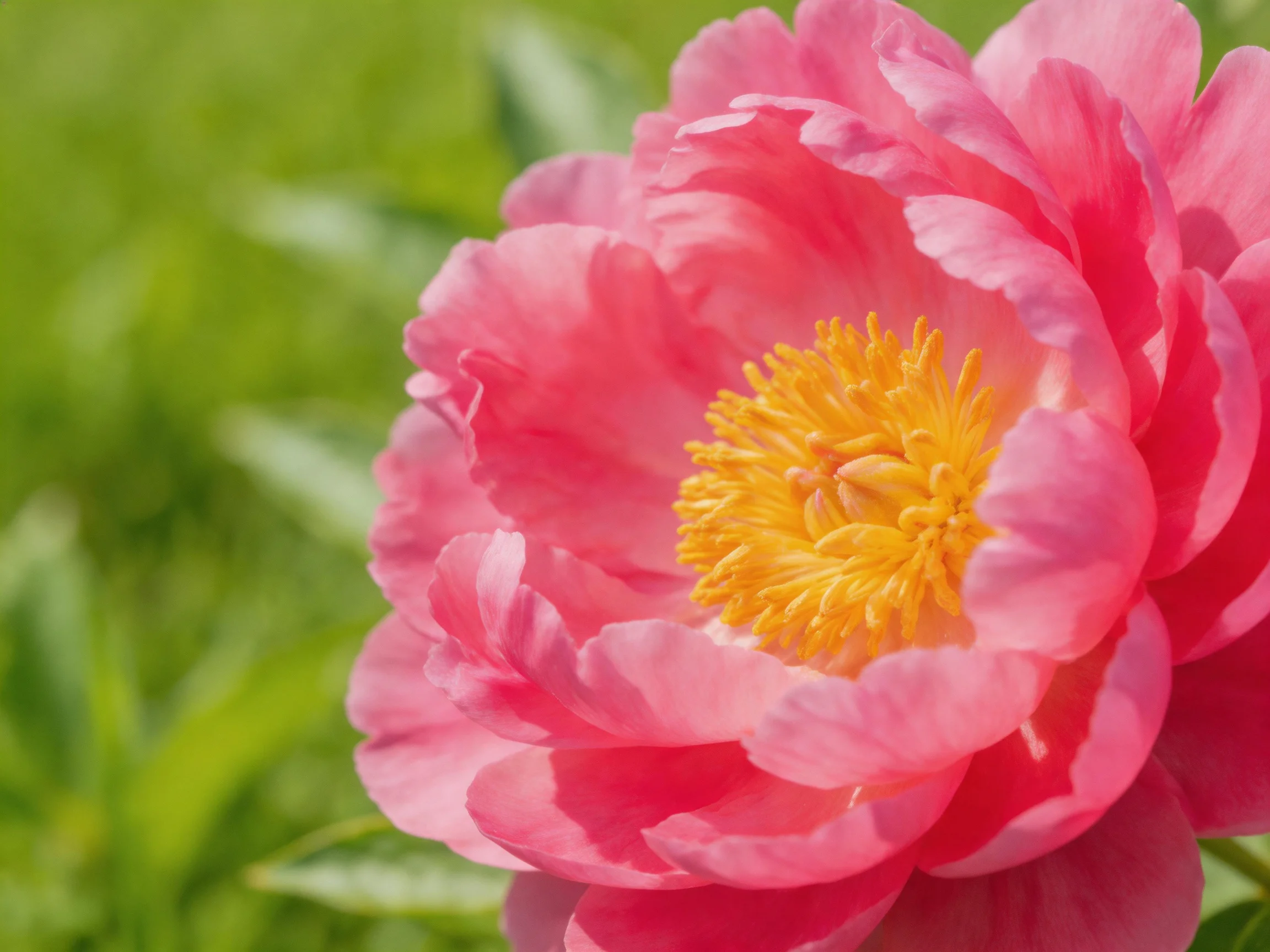 A large pink peony with bright yellow center surrounded by green leaves