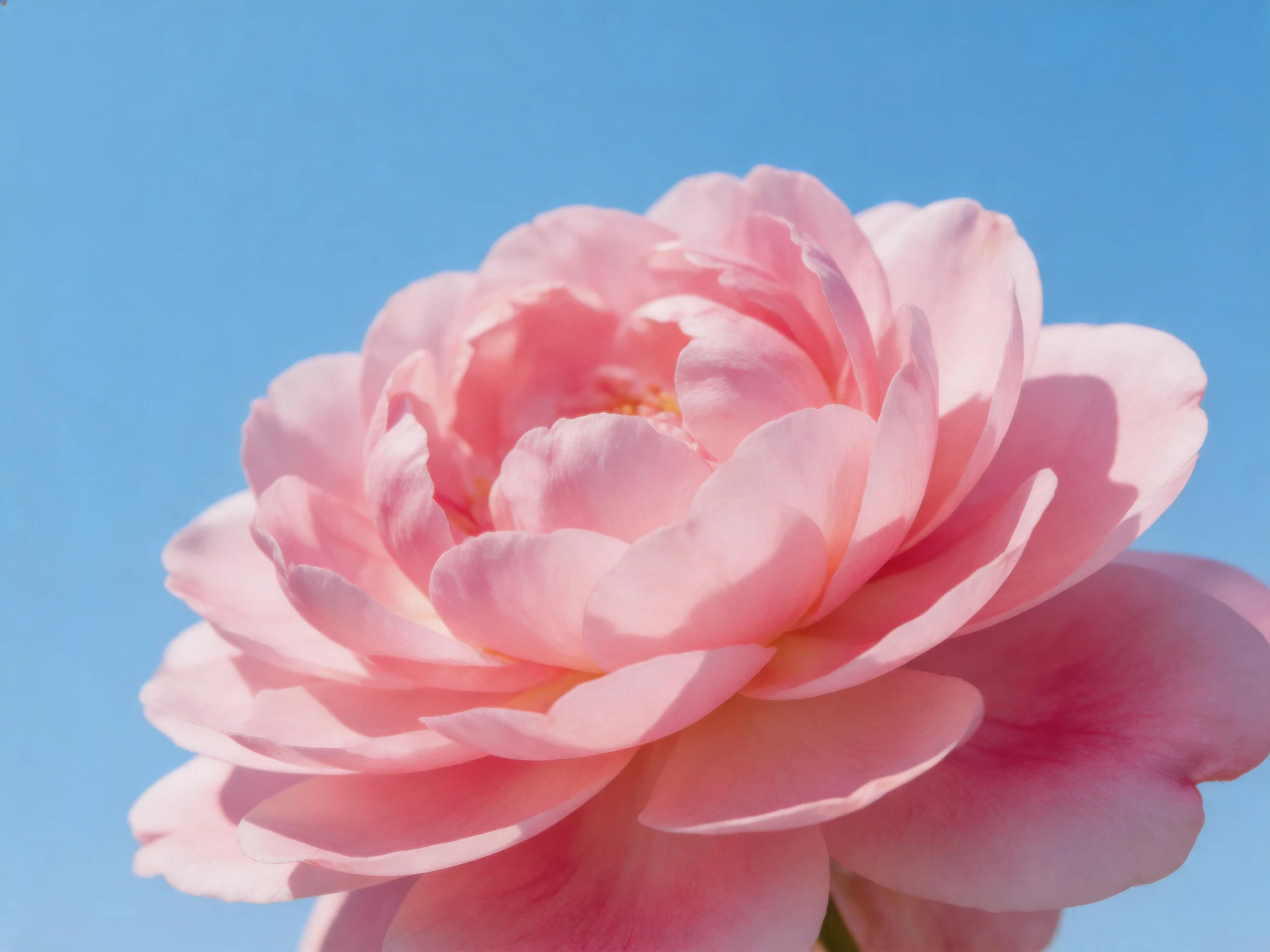 A large pink peony with layered petals against a clear blue sky