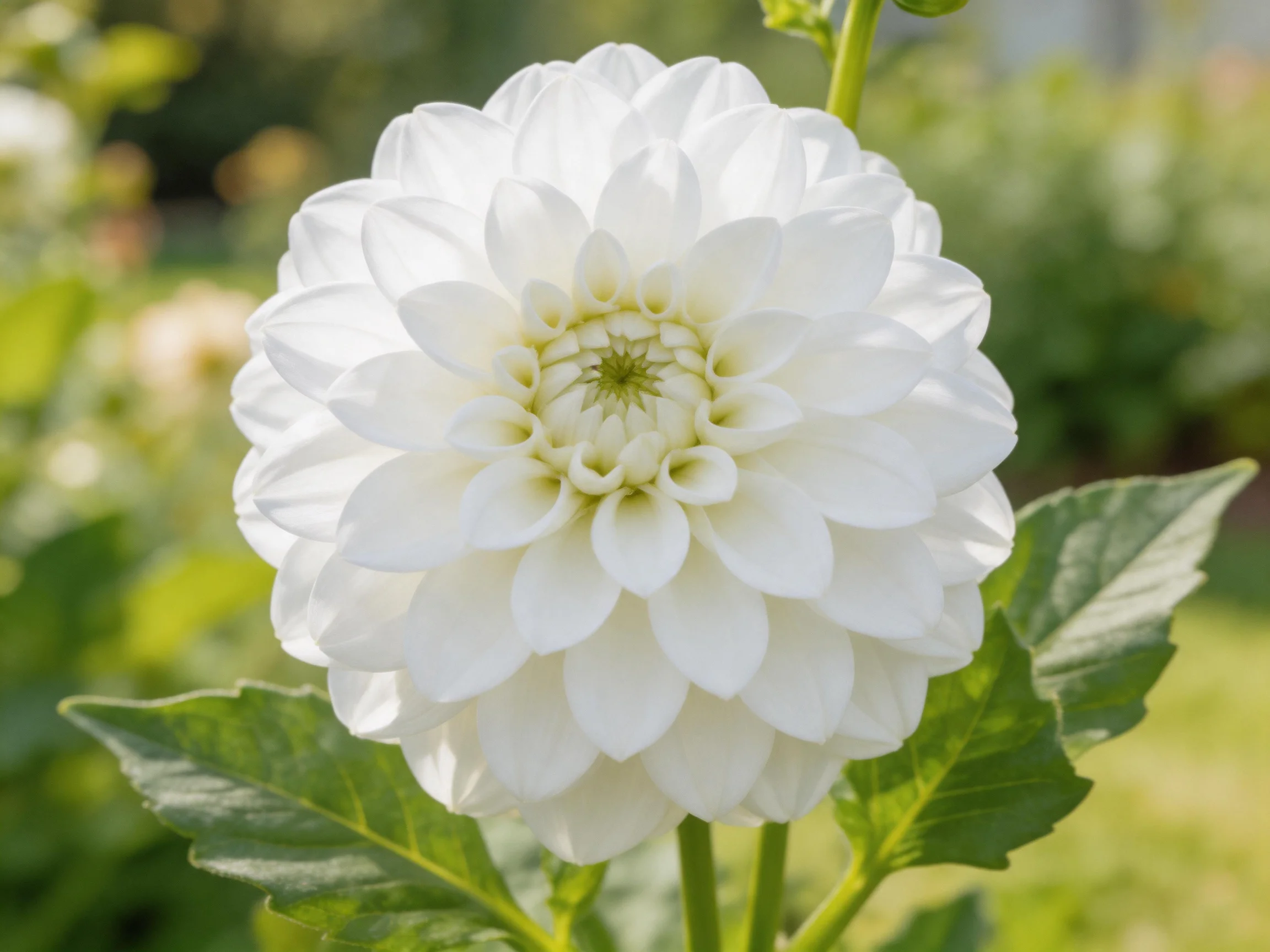 A large pristine white dahlia blooms amid lush green foliage