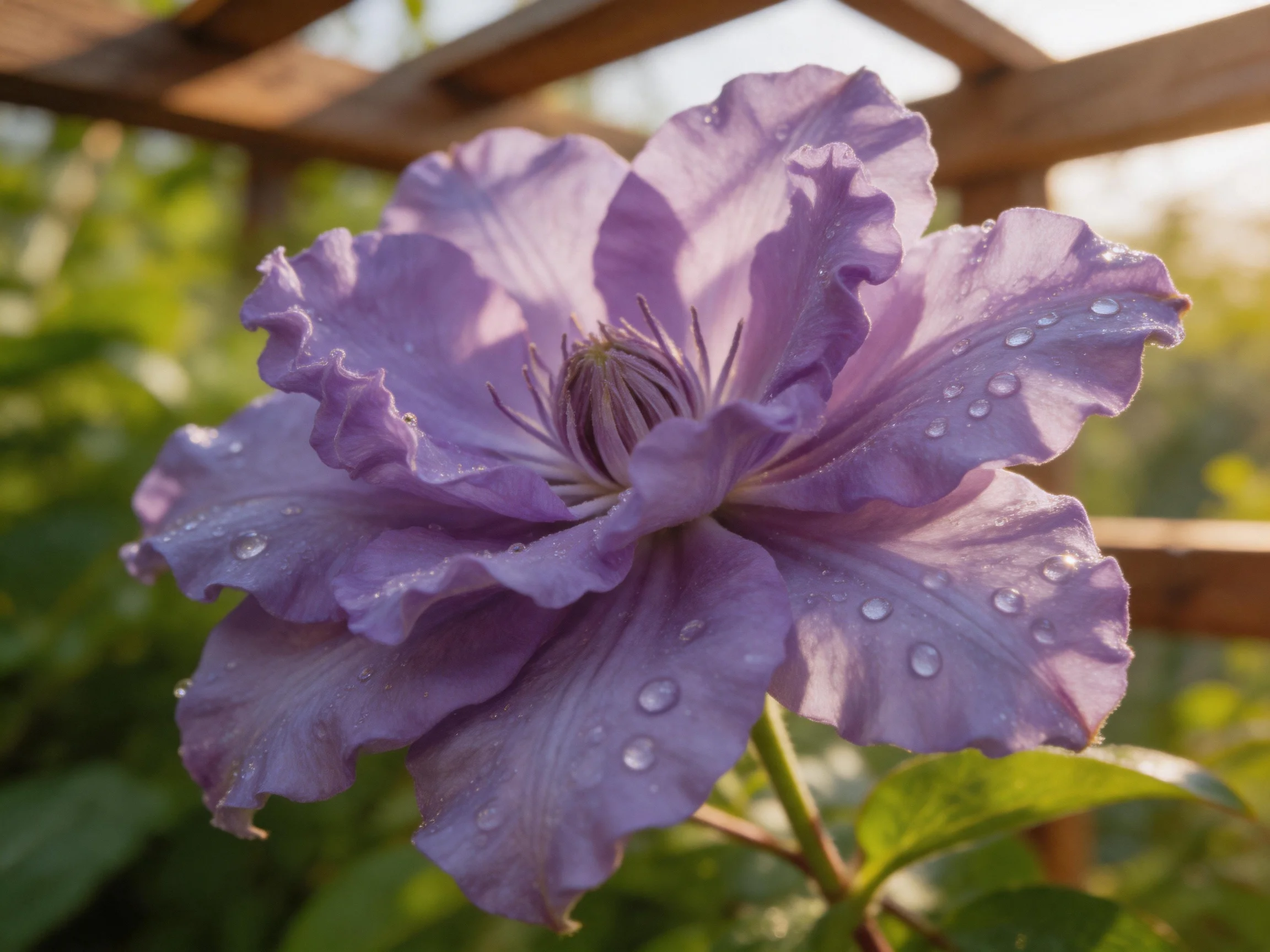 A large purple clematis flower with dewdrops near a wooden trellis