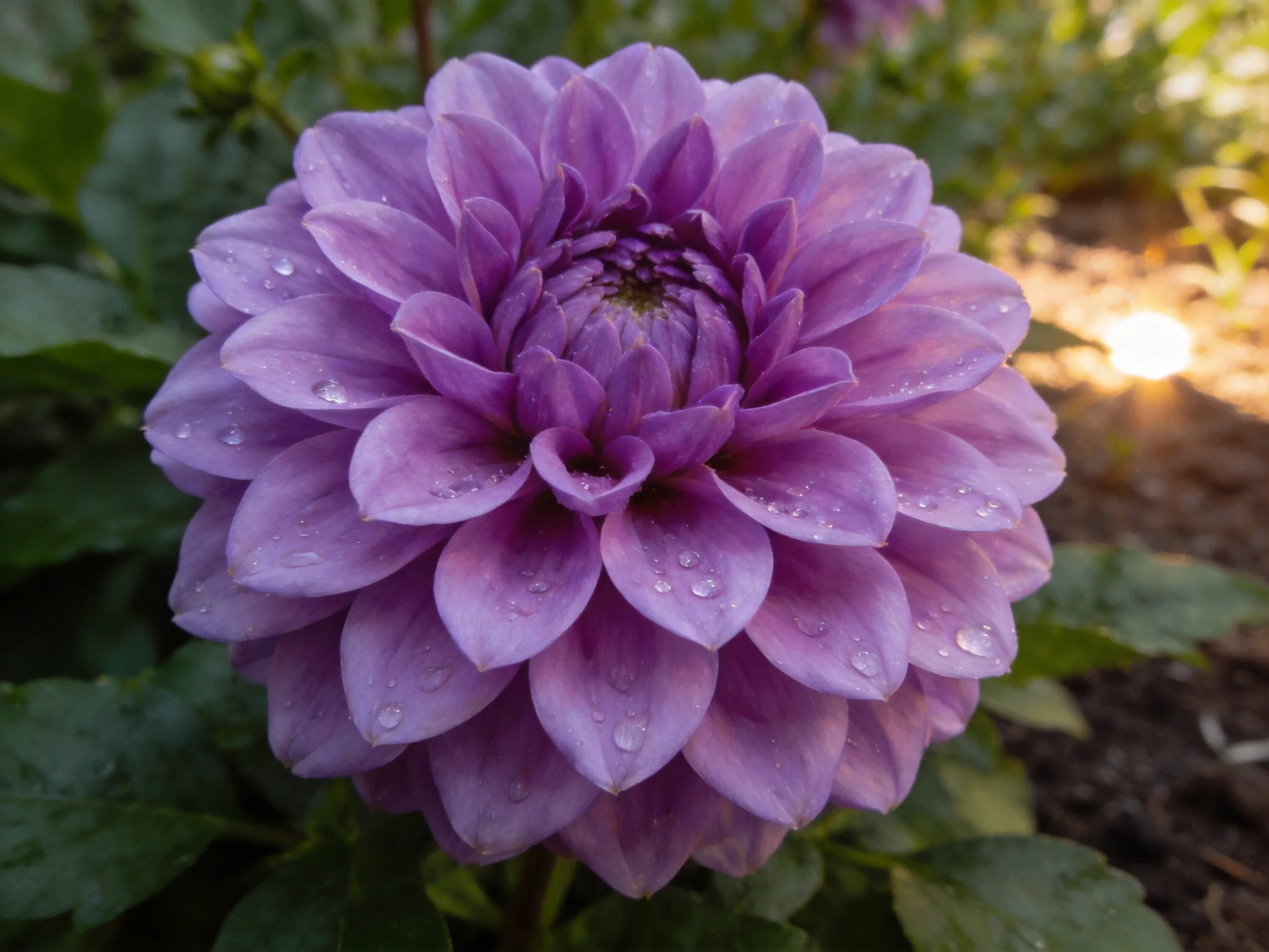 A large purple dahlia with dewdrops in a sunlit garden