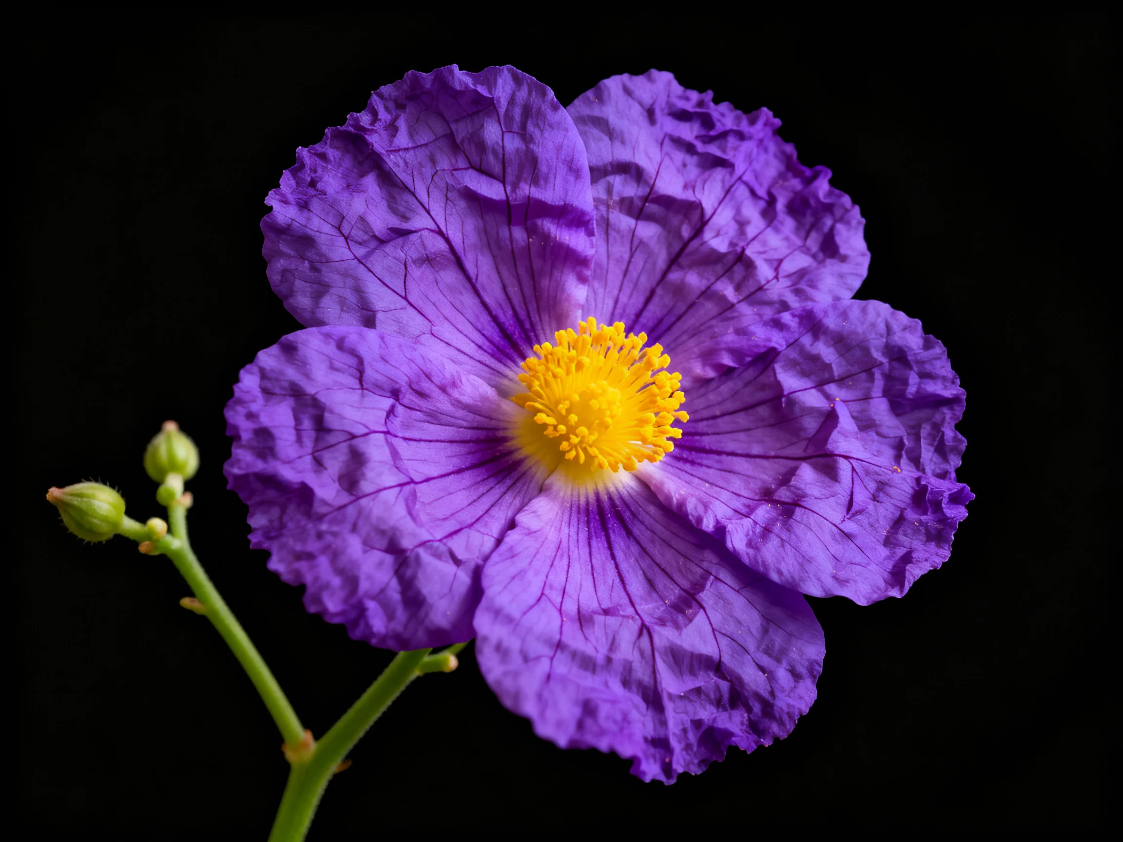 A large purple flower with a bright yellow center is highlighted against a black background.