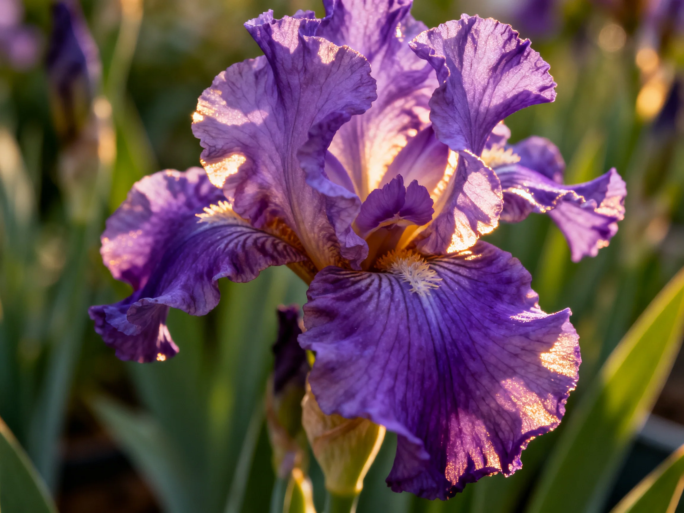 A large purple iris with ruffled petals blooms in sunlit garden