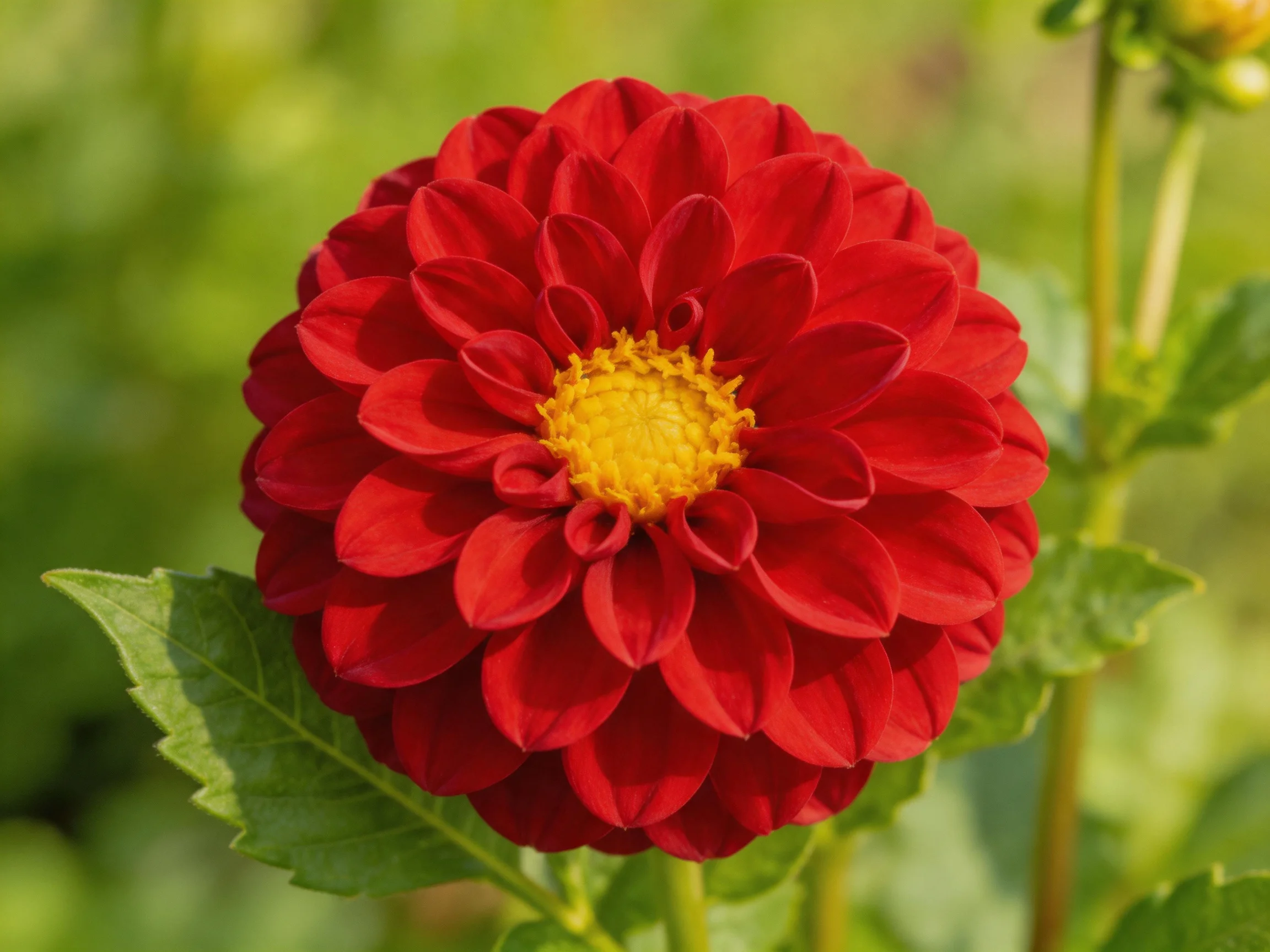 A large red dahlia with layered petals and a bright yellow center