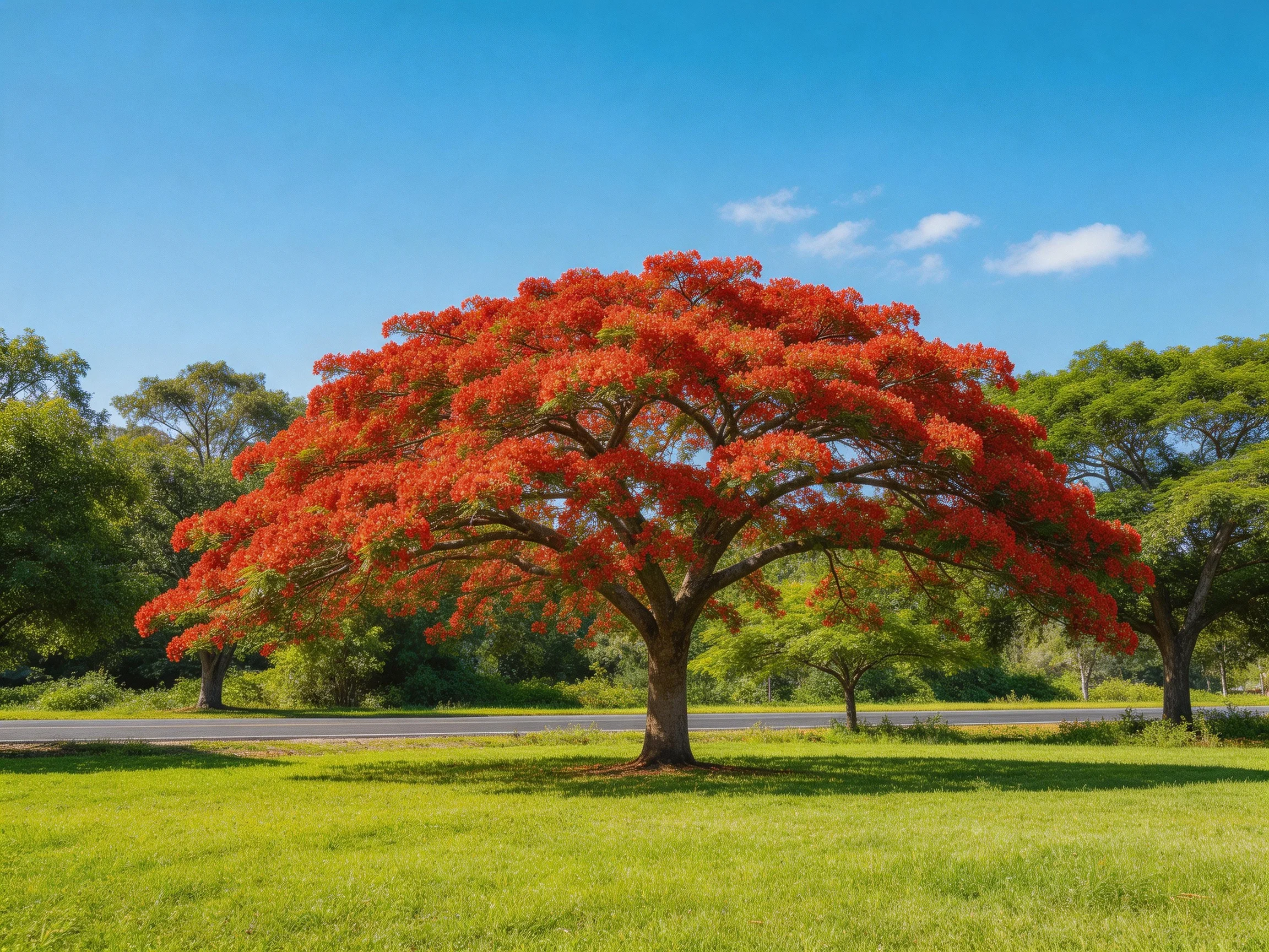 A large red-flowered tree stands alone in a sunny grassy area near a road