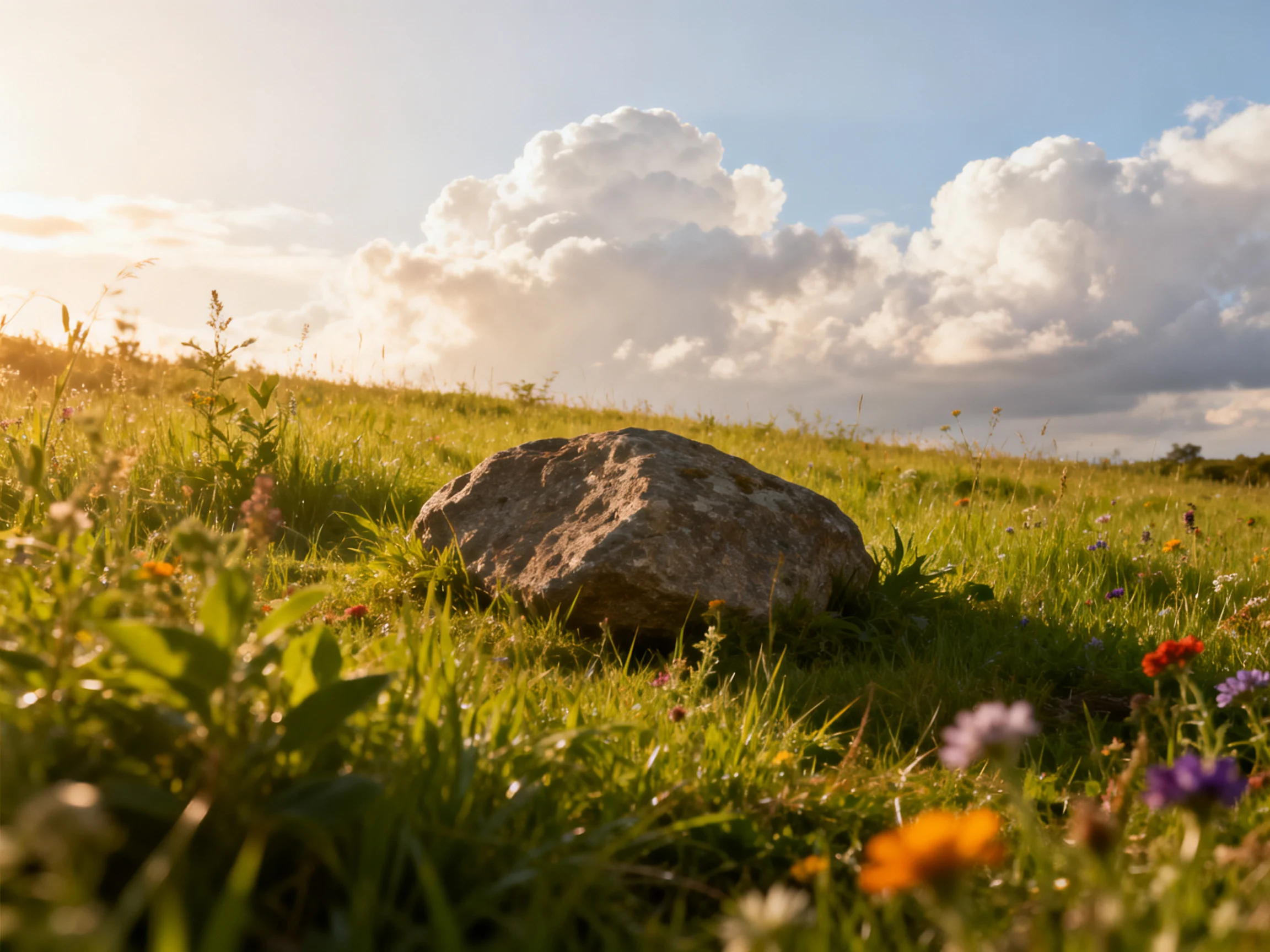 A large rock amid colorful wildflowers and tall grass under sunny skies