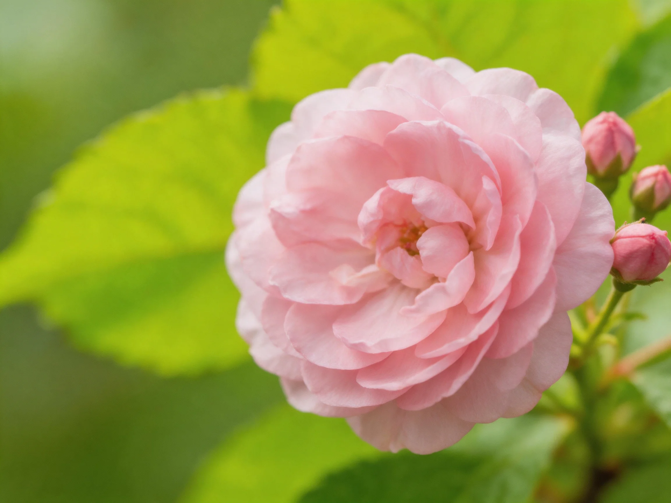A large soft pink rose blooms near two closed buds with vibrant green leaves