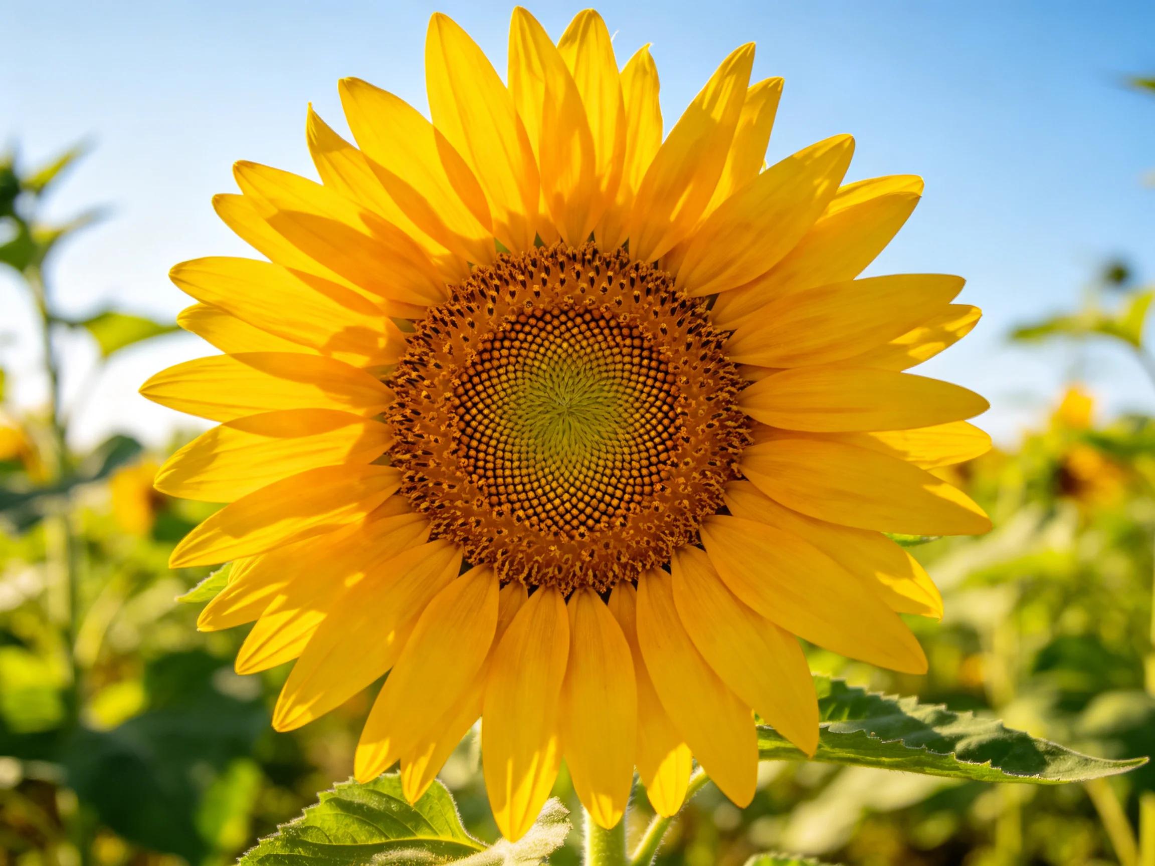 A large sunflower with bright yellow petals and a detailed brown center